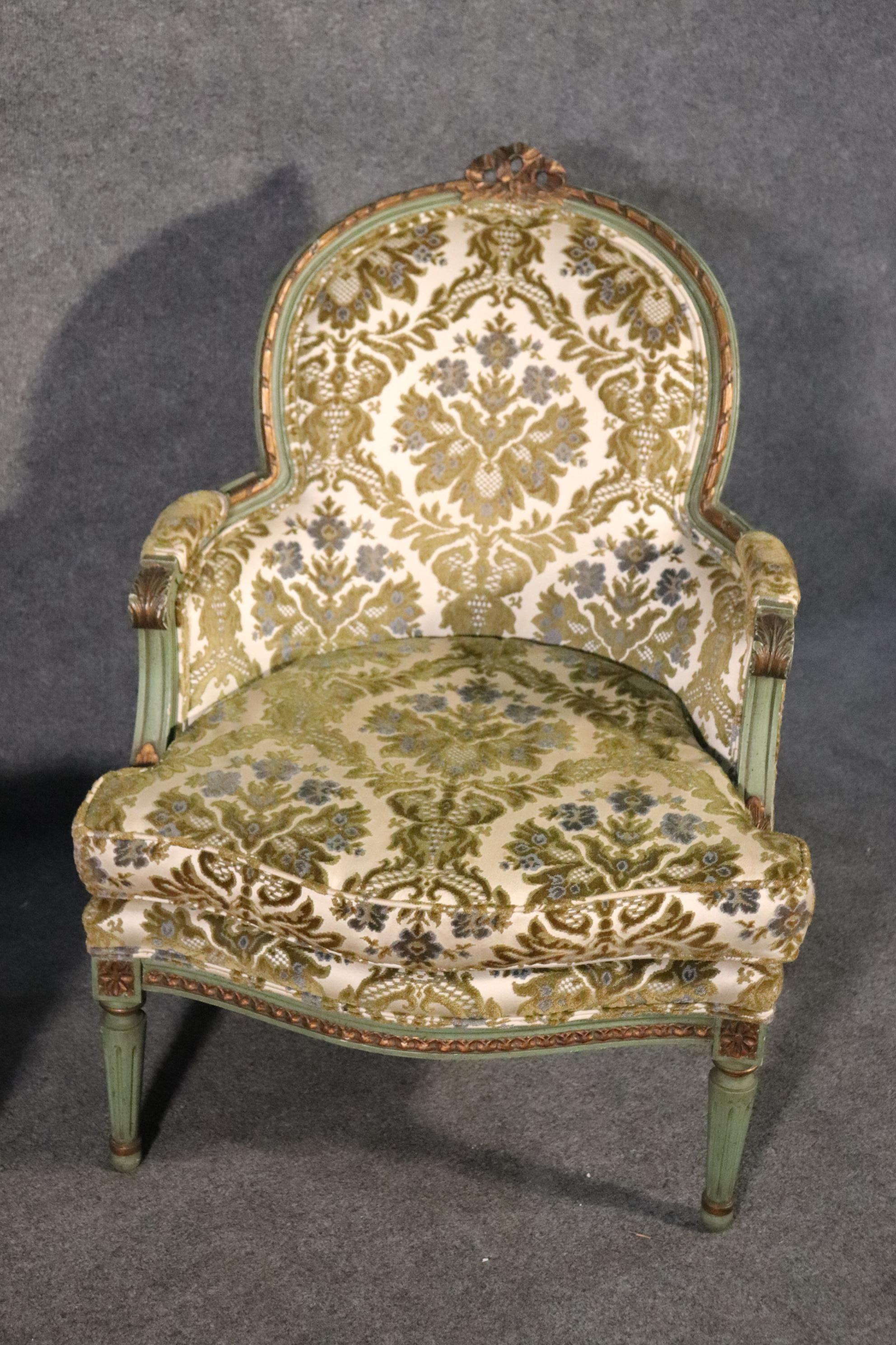 Pair of French Louis XV Style Green Painted Bergere Chairs, Circa 1950s 2