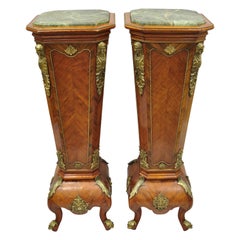 Retro Pair of Louis XV Style Marble-Top Bombe Reproduction Pedestal Plant Stands