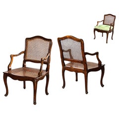 Pair French Louis XV Style Open Armchairs with Caned Seats and Backs