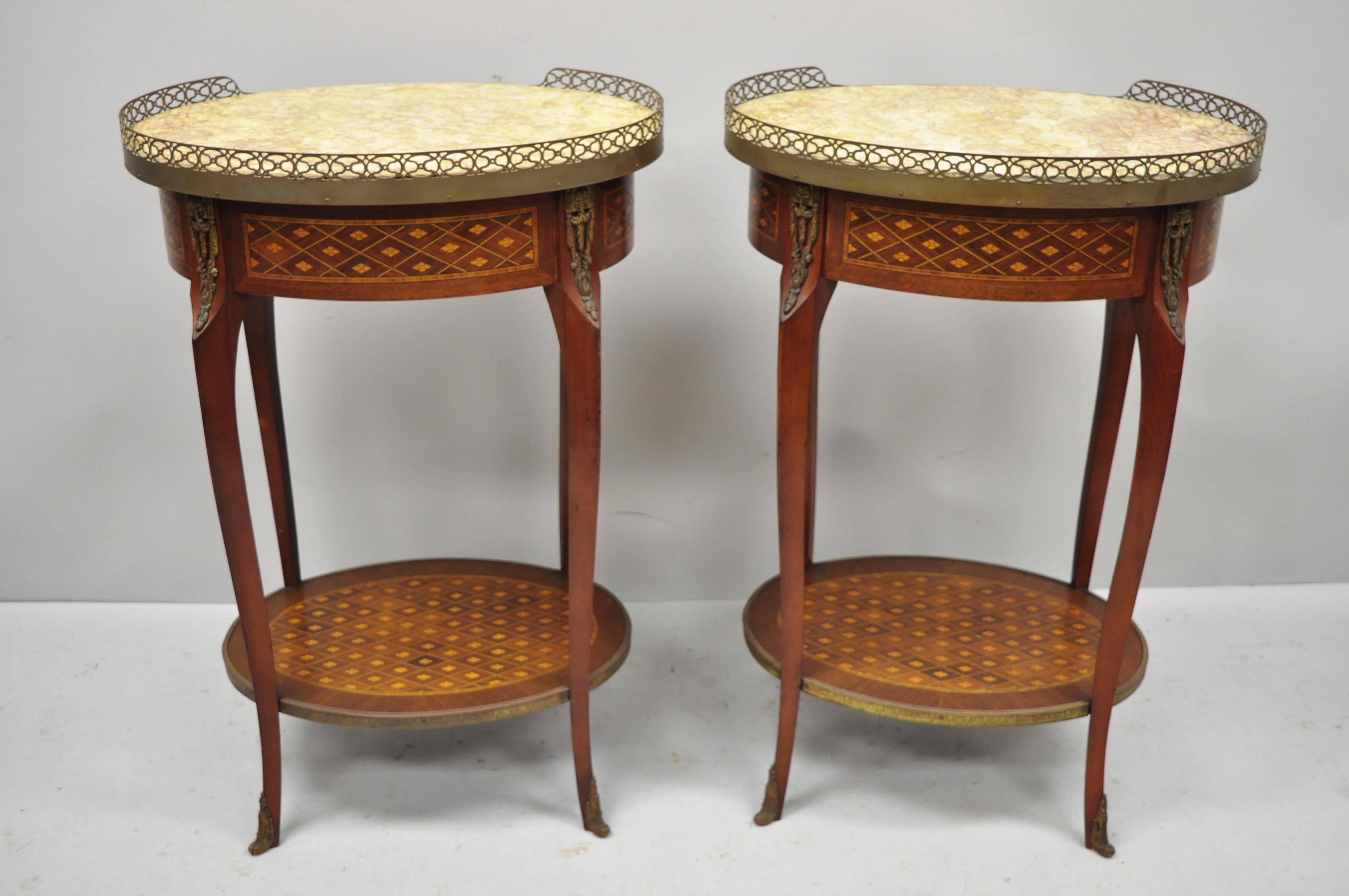Pair of Louis XV Style Oval Marble-Top Marquetry Inlay Nightstands End Table 3