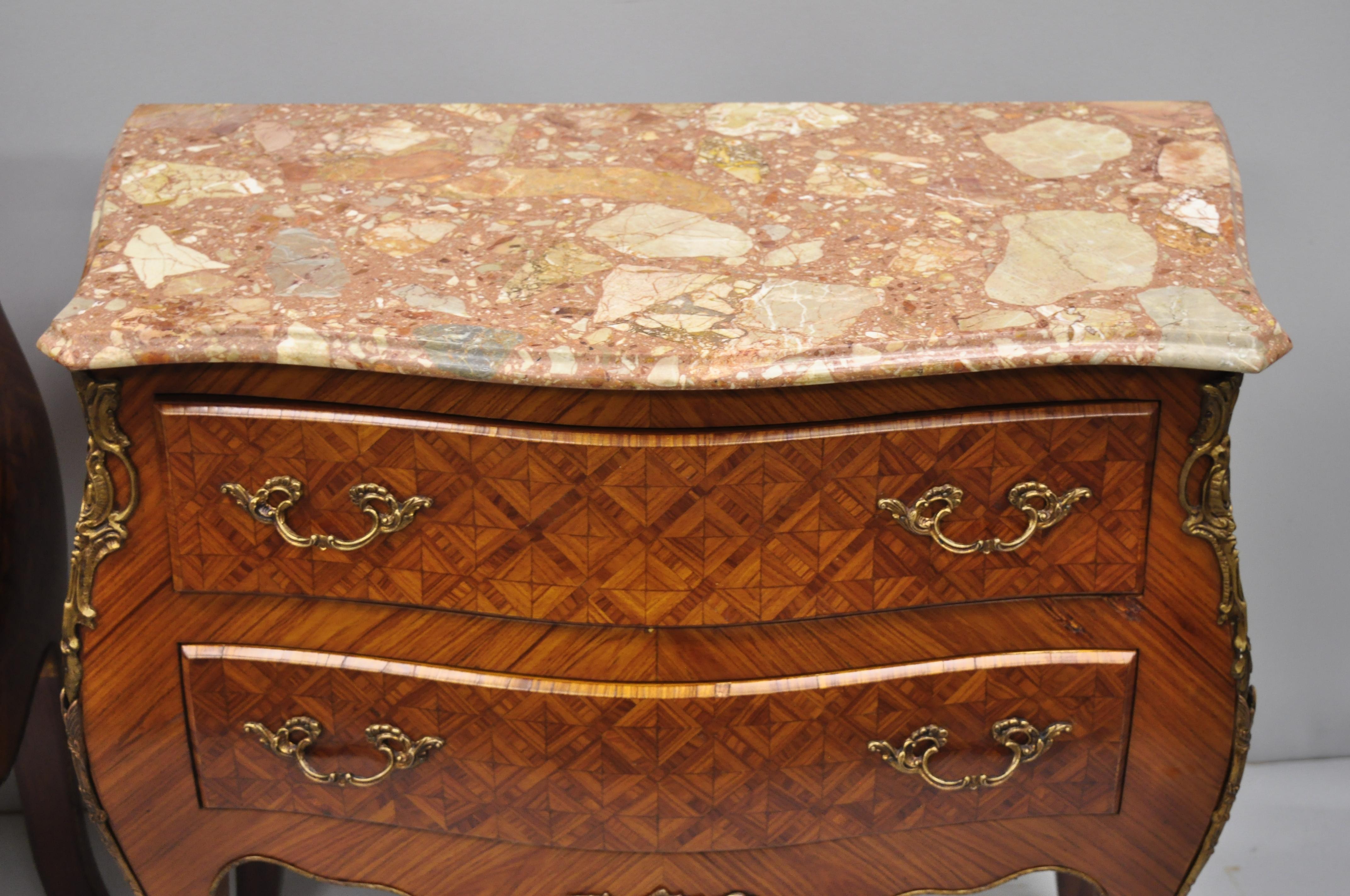 20th Century Pair of French Louis XV Style Pink Marble-Top Inlaid Bombe Commode Chests