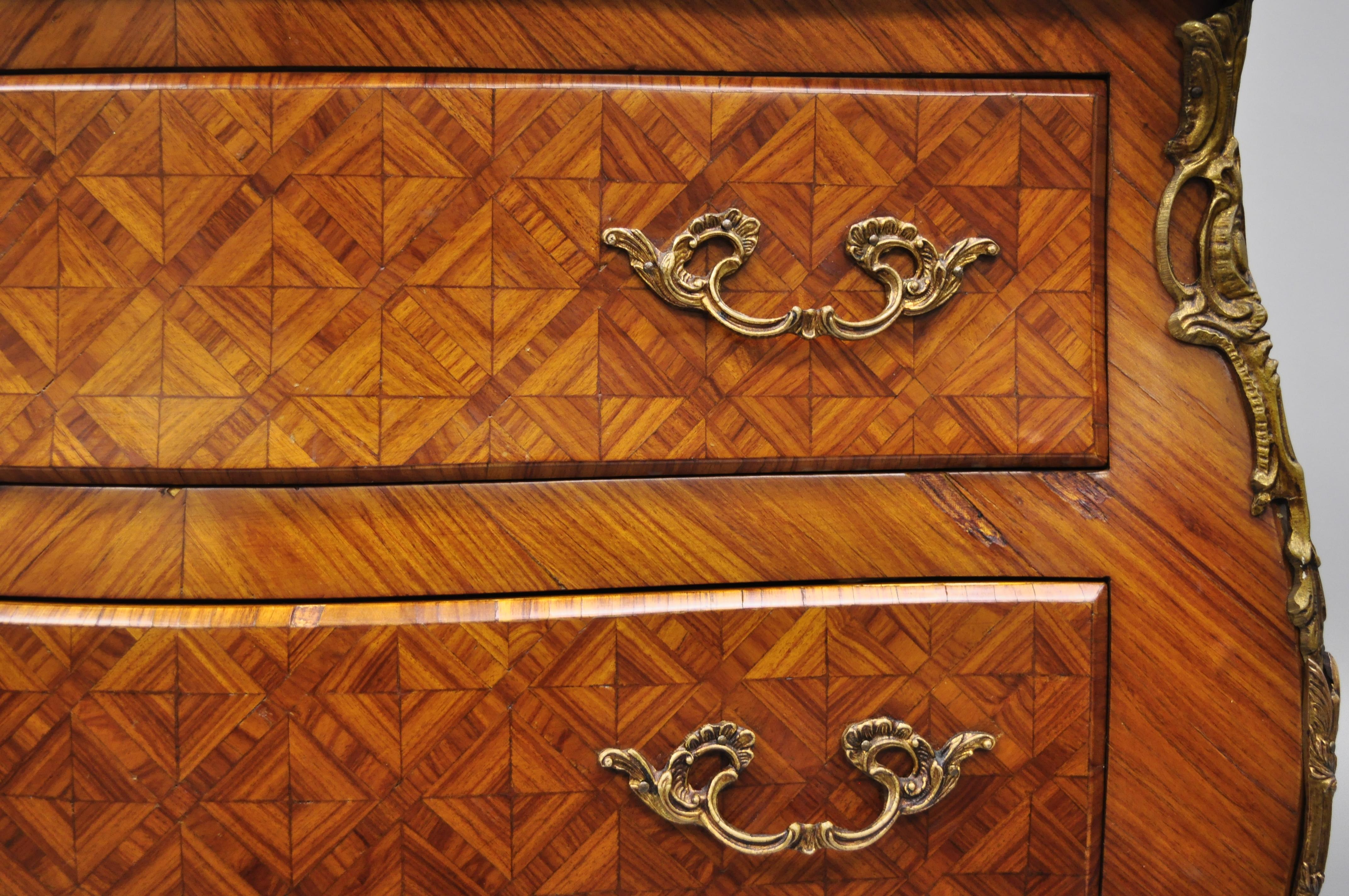 Pair of French Louis XV Style Pink Marble-Top Inlaid Bombe Commode Chests 2