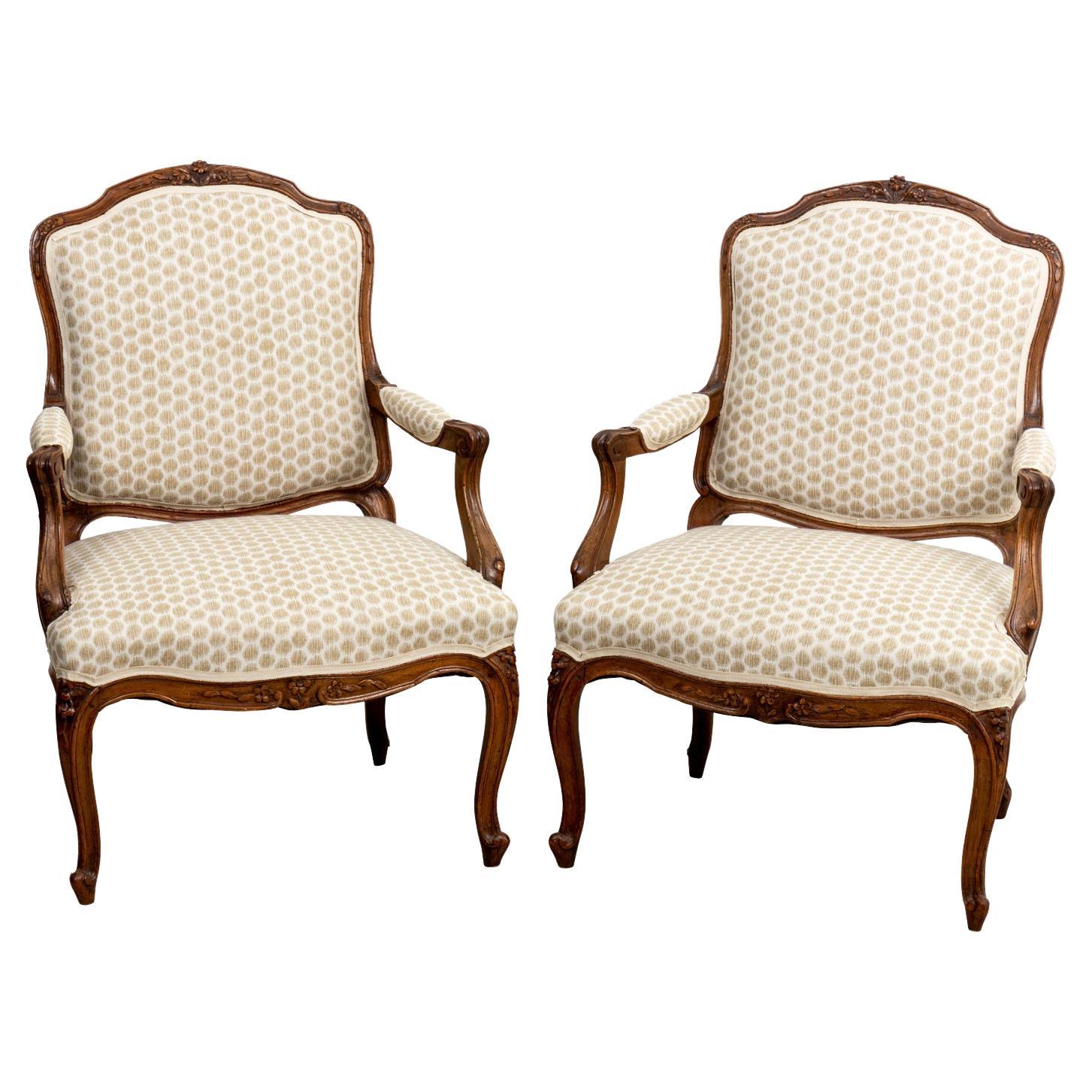 Pair French Louis XV Upholstered Fauteuils For Sale