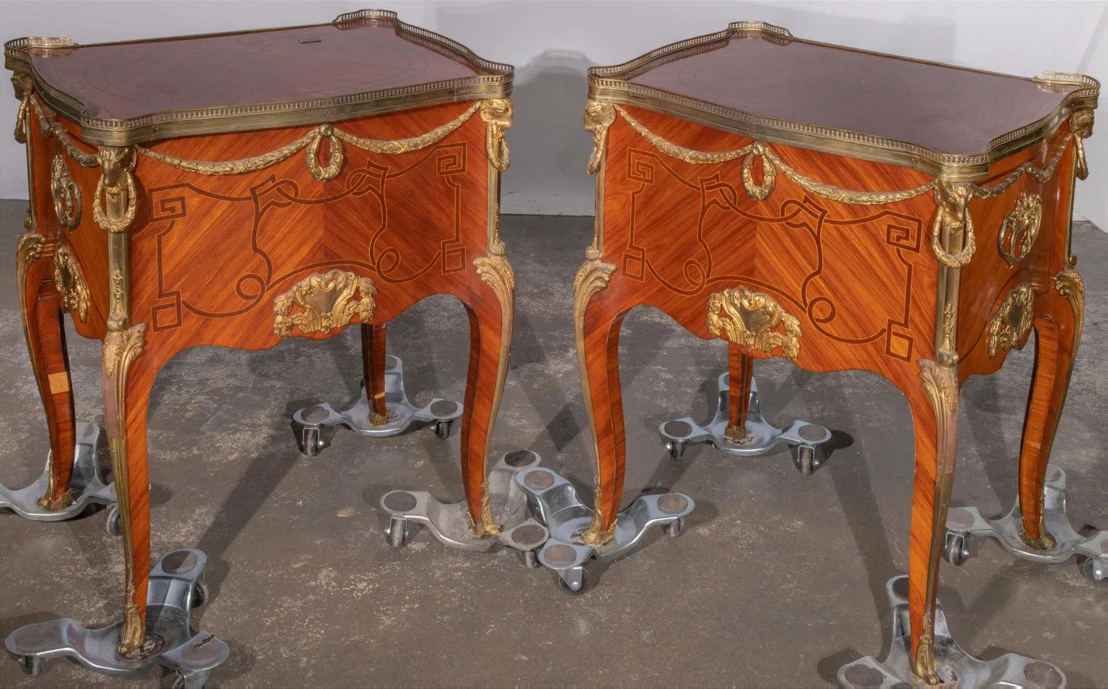 Pair of side cabinets after the original model by Jean-Francois Oeben (1721-1763), cabinet maker to the French aristocracy, including Madame de Pompadour, chief mistress to Louis XV, with rectangular shape, serpentine shaped legs, mahogany veneer