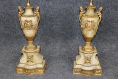 Pair French Louis XVI 19th Century Ormolu Mounted Alabaster Lamps