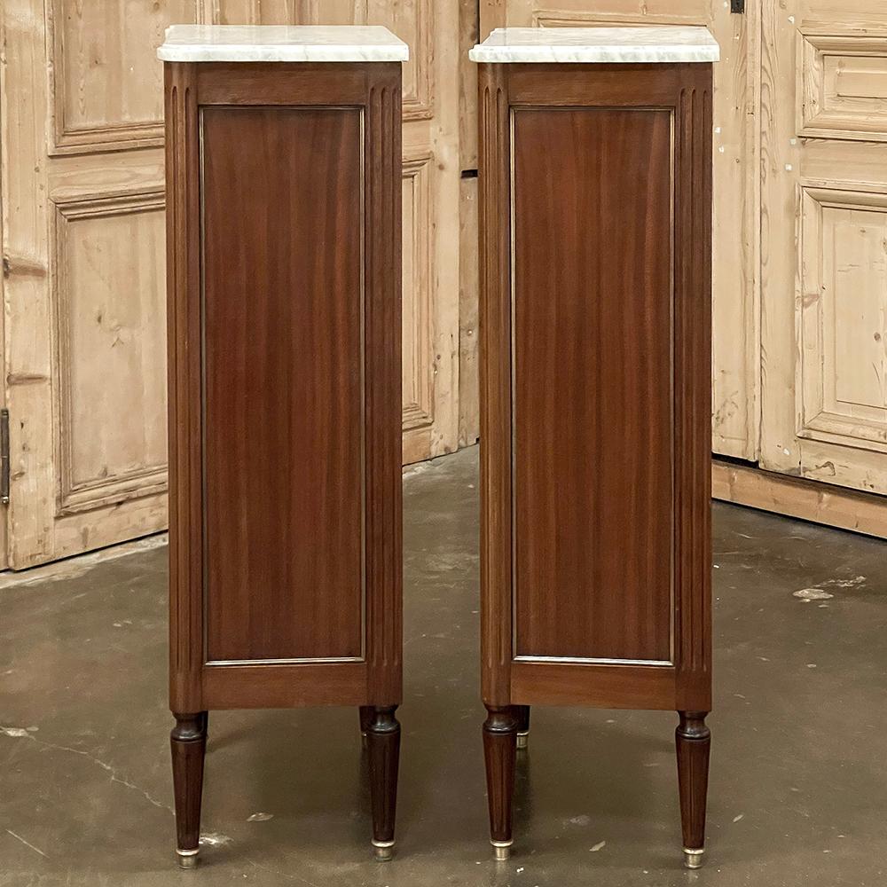 Pair French Louis XVI Chiffonieres ~ Nightstands with Carrara Marble Tops For Sale 13