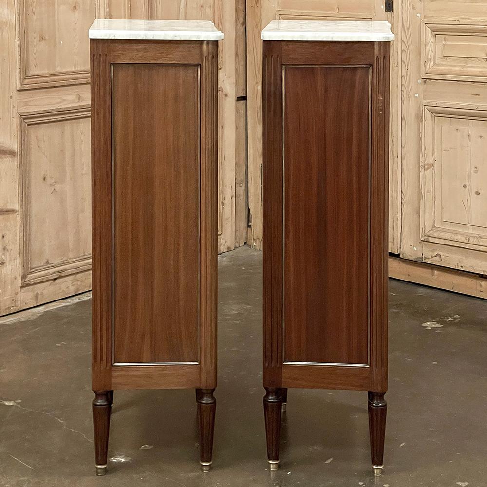 Pair French Louis XVI Chiffonieres ~ Nightstands with Carrara Marble Tops For Sale 14