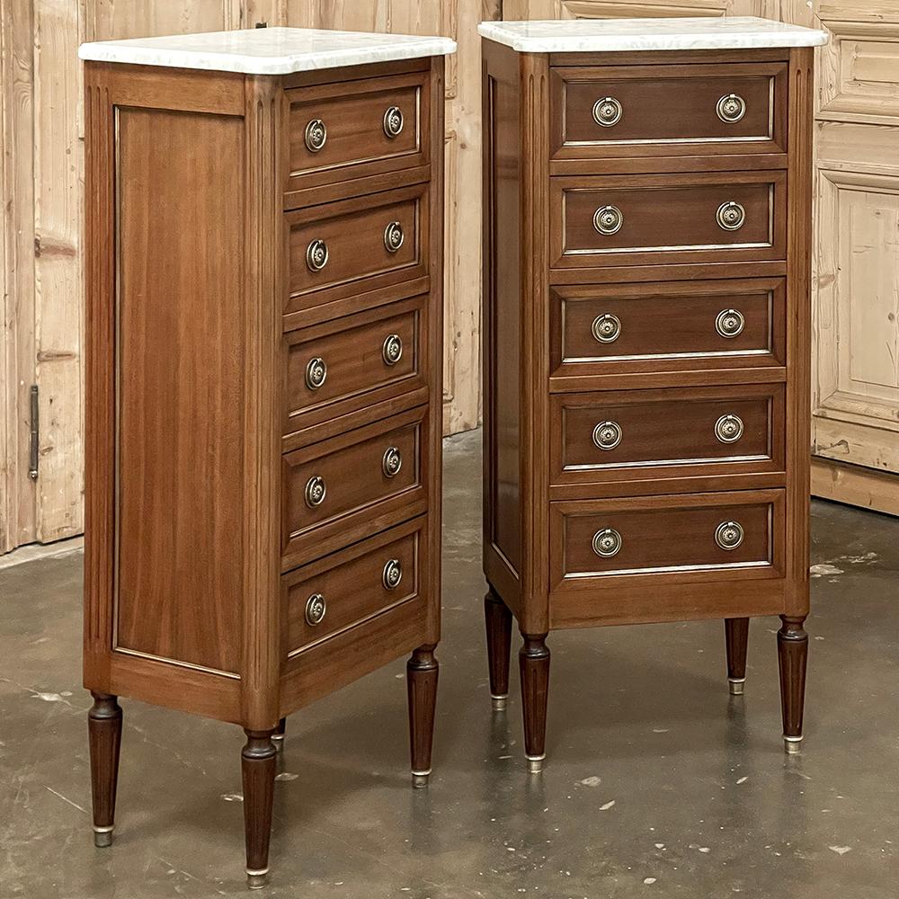 Hand-Crafted Pair French Louis XVI Chiffonieres ~ Nightstands with Carrara Marble Tops For Sale