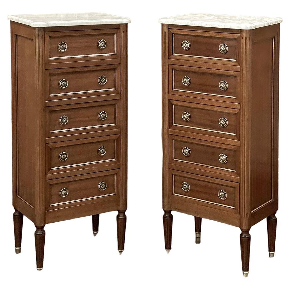 Pair French Louis XVI Chiffonieres ~ Nightstands with Carrara Marble Tops