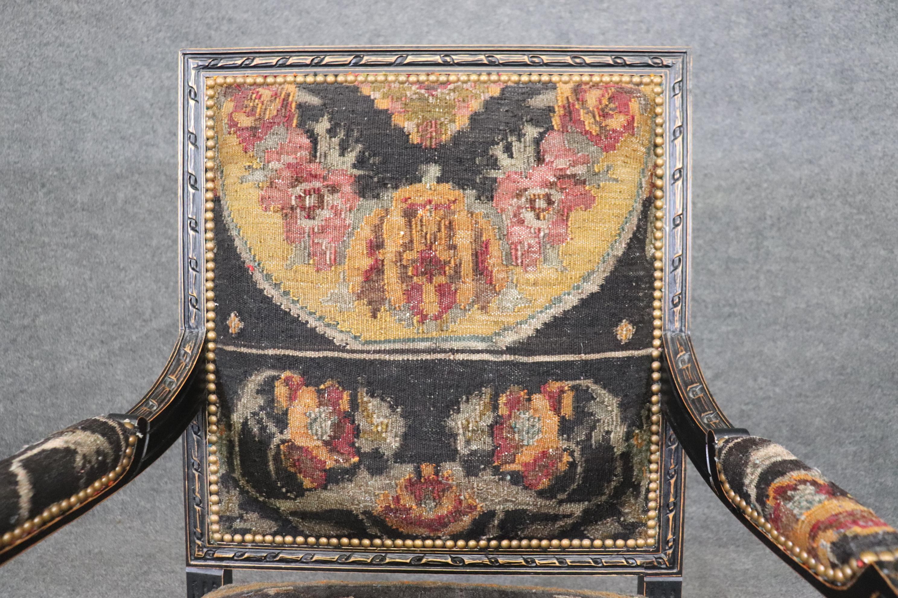Pair French Louis XVI Ebonized Oriental Rug Upholstery Armchairs 4