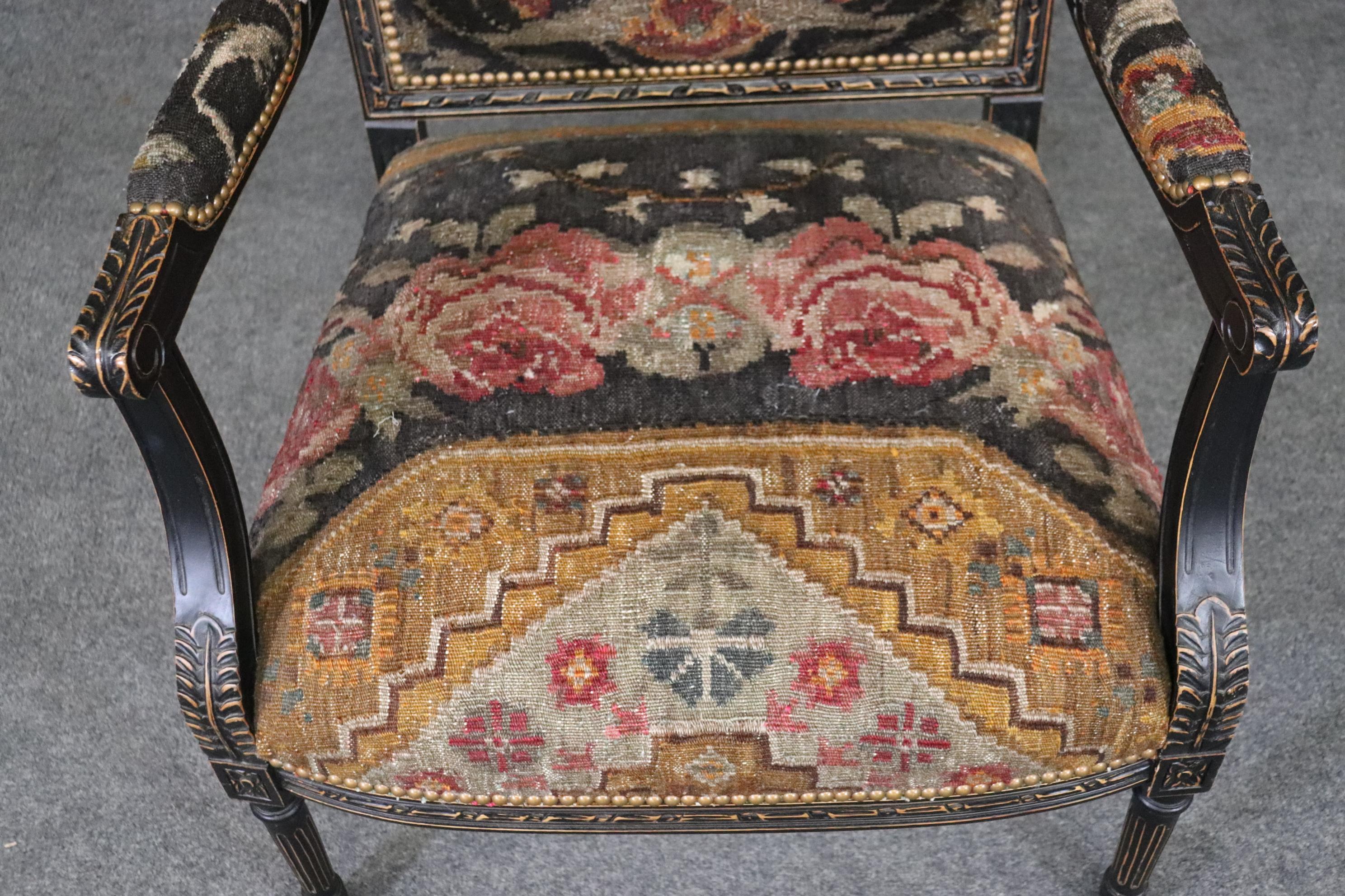 Pair French Louis XVI Ebonized Oriental Rug Upholstery Armchairs 6