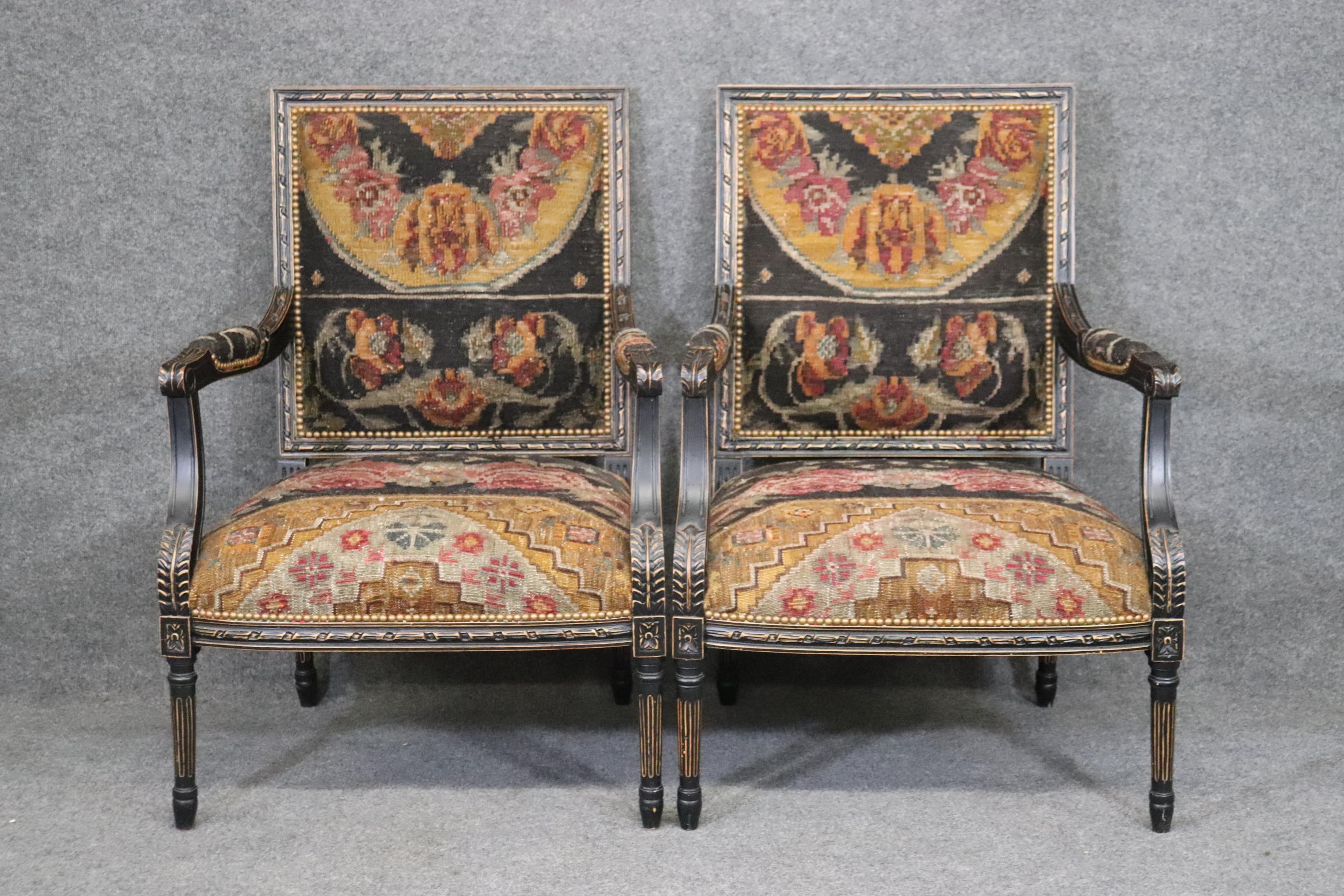 American Pair French Louis XVI Ebonized Oriental Rug Upholstery Armchairs