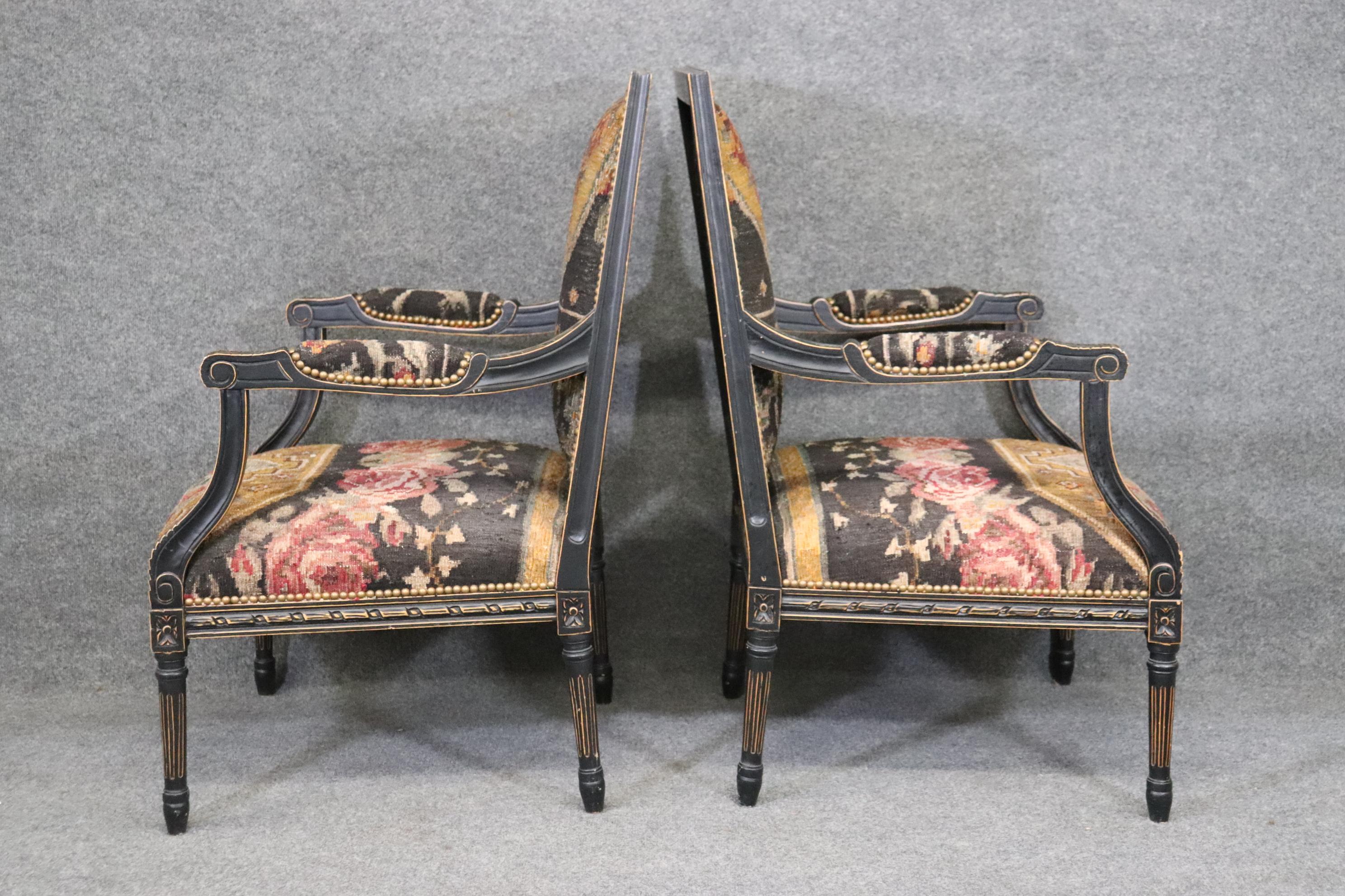 Pair French Louis XVI Ebonized Oriental Rug Upholstery Armchairs In Good Condition In Swedesboro, NJ