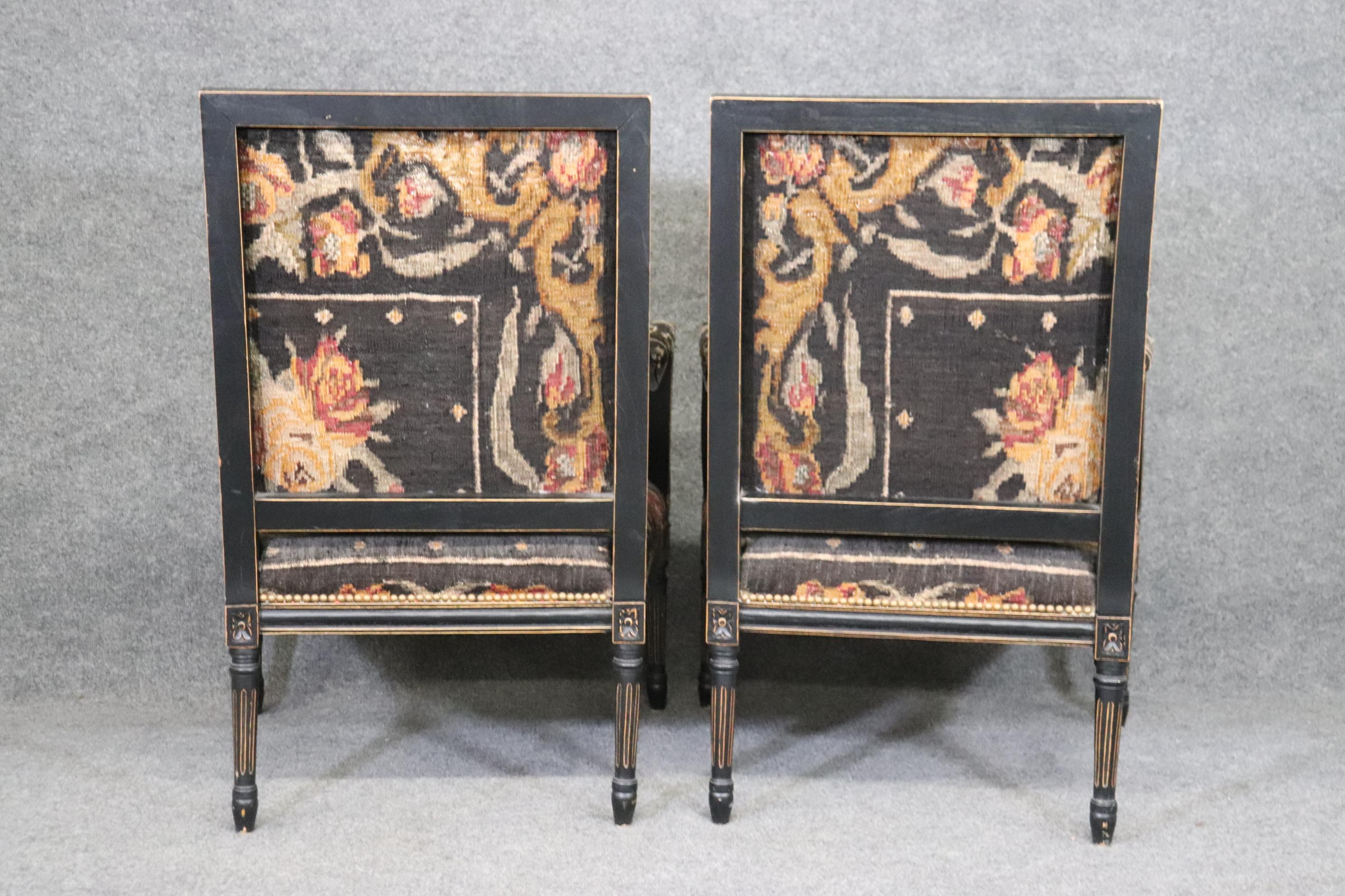 Contemporary Pair French Louis XVI Ebonized Oriental Rug Upholstery Armchairs