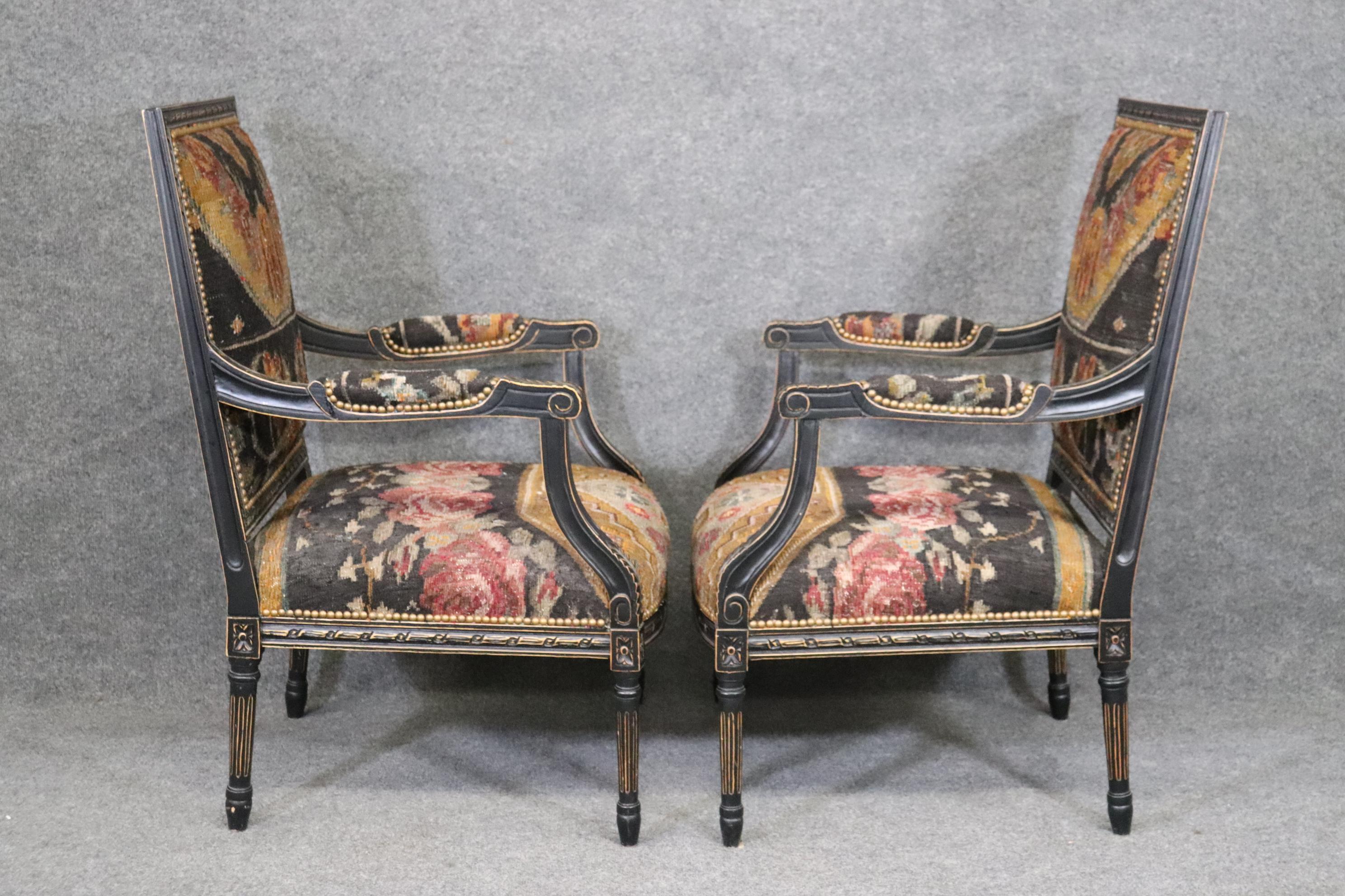 Walnut Pair French Louis XVI Ebonized Oriental Rug Upholstery Armchairs