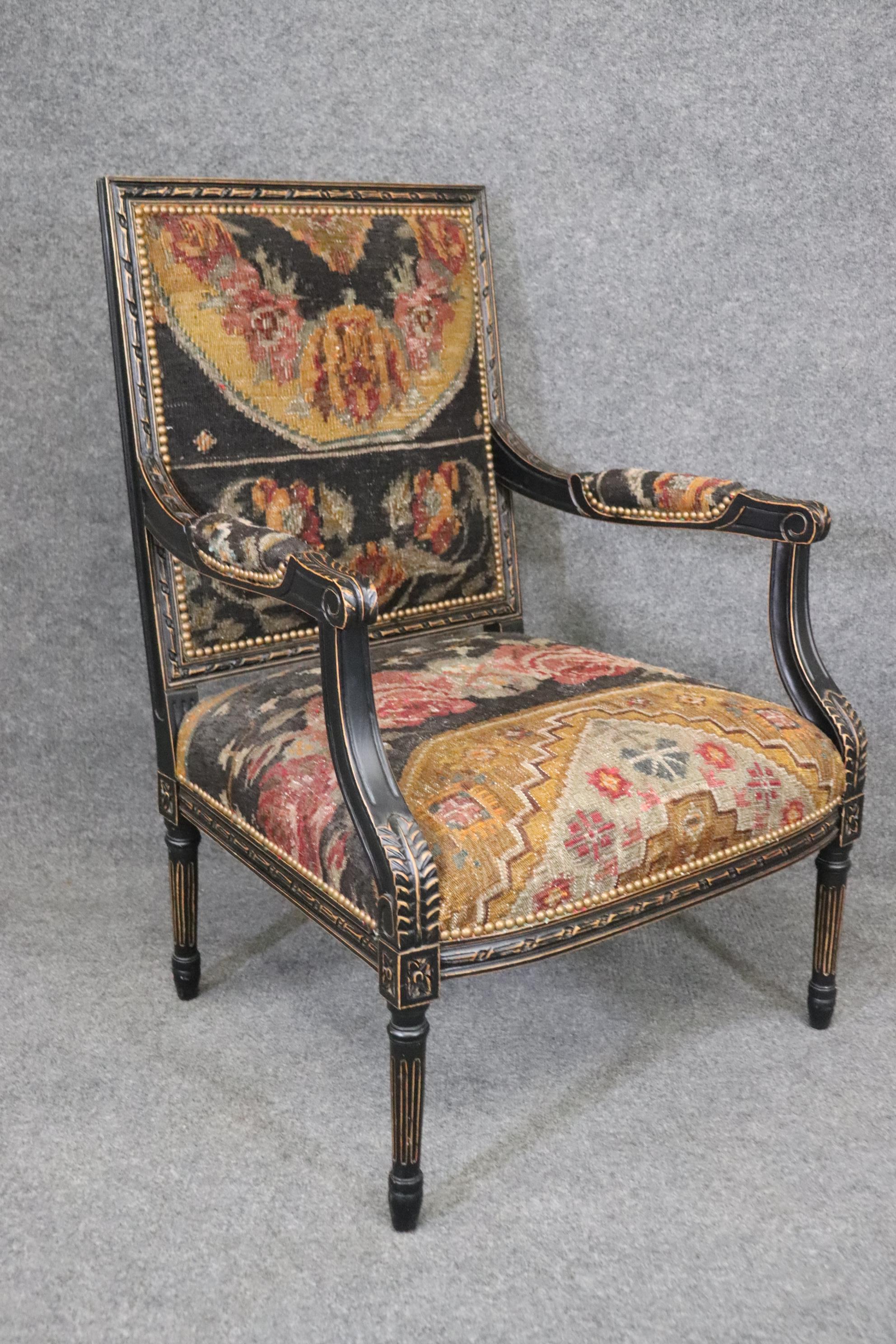 Pair French Louis XVI Ebonized Oriental Rug Upholstery Armchairs 1