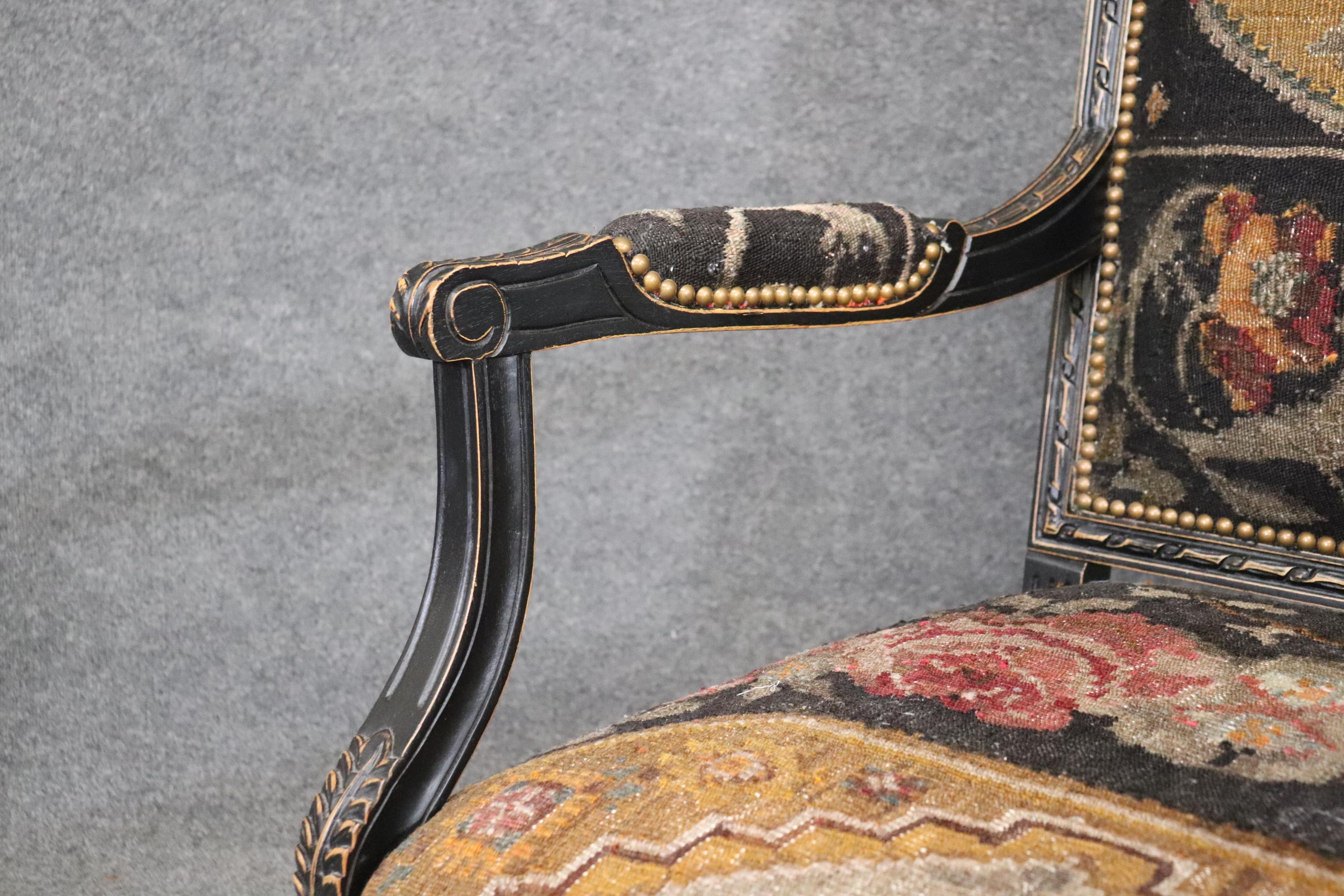 Pair French Louis XVI Ebonized Oriental Rug Upholstery Armchairs 3