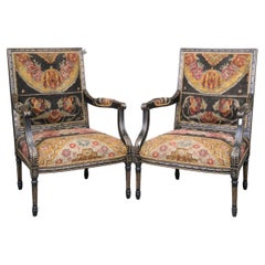 Pair French Louis XVI Ebonised Oriental Rug Upholstery Armchairs 