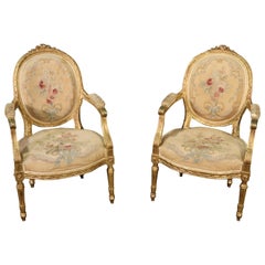 Pair French Louis XVI Gilded Gold Leaf Aubusson Upholstered Armchairs C1920