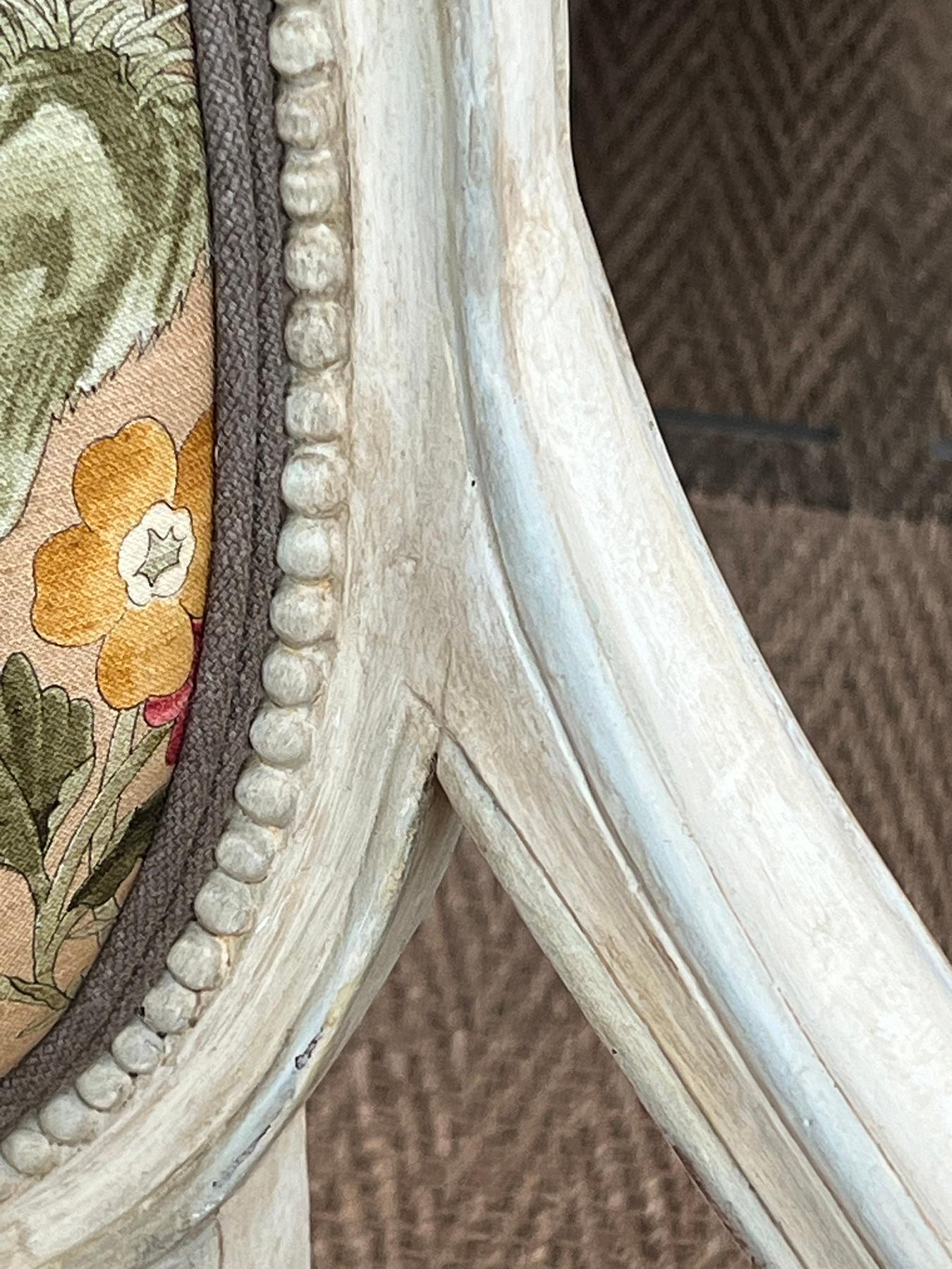 Pair French Louis XVI Ivory Painted Oval Back Arm Chairs with Celadon Highlights For Sale 5