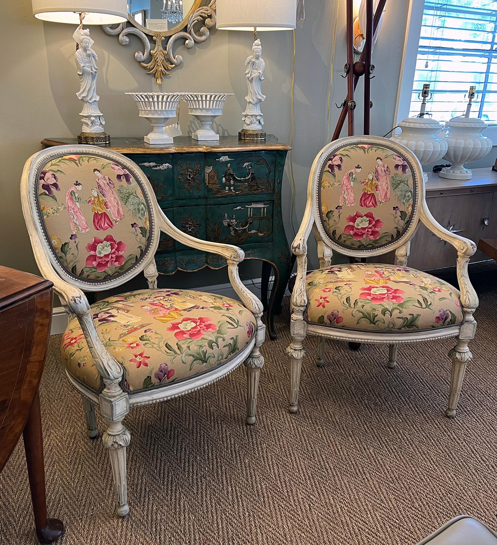 Pair French Louis XVI Ivory Painted Oval Back Arm Chairs with Celadon Highlights For Sale 6