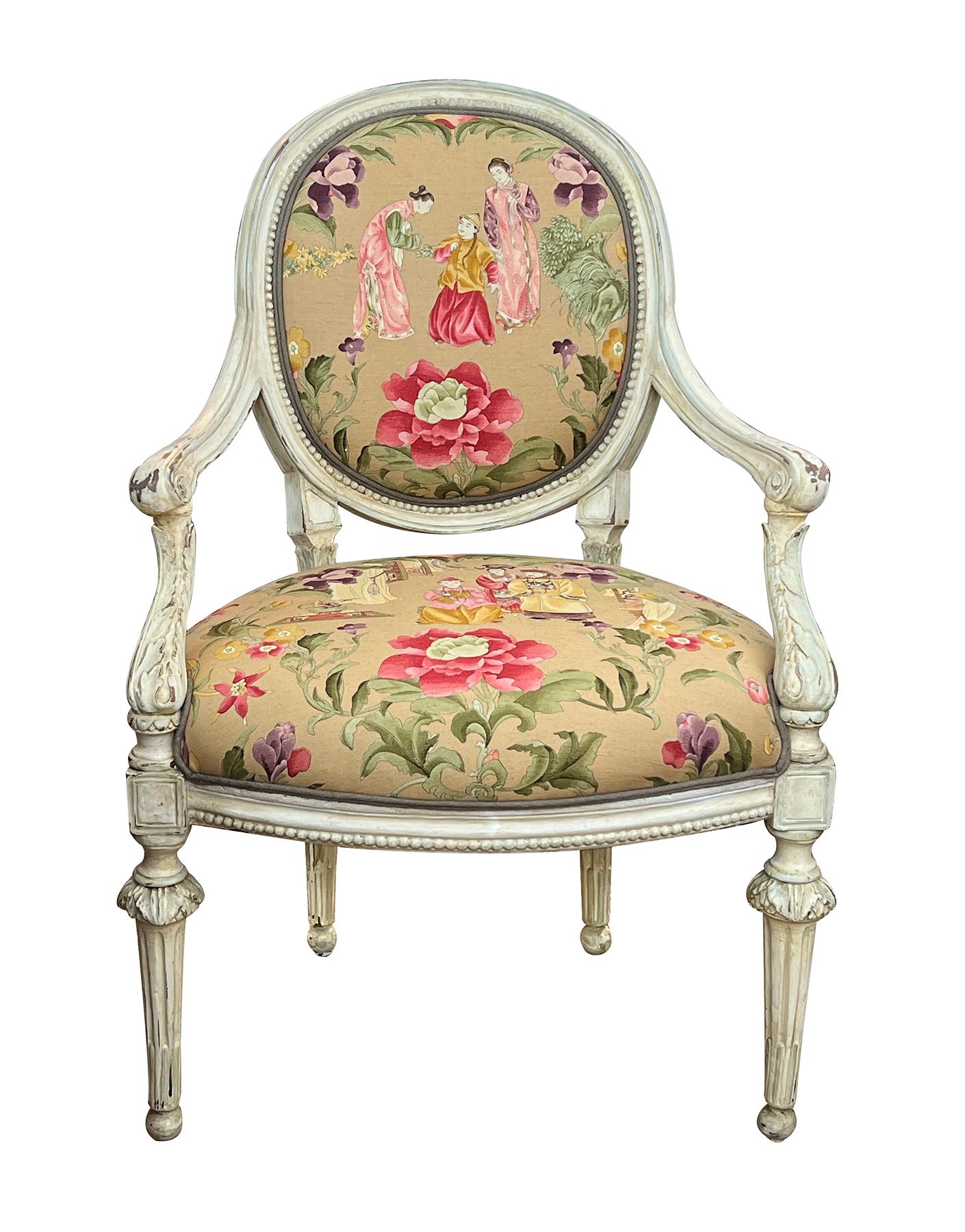 Pair French Louis XVI Ivory Painted Oval Back Arm Chairs with Celadon Highlights In Good Condition For Sale In San Francisco, CA