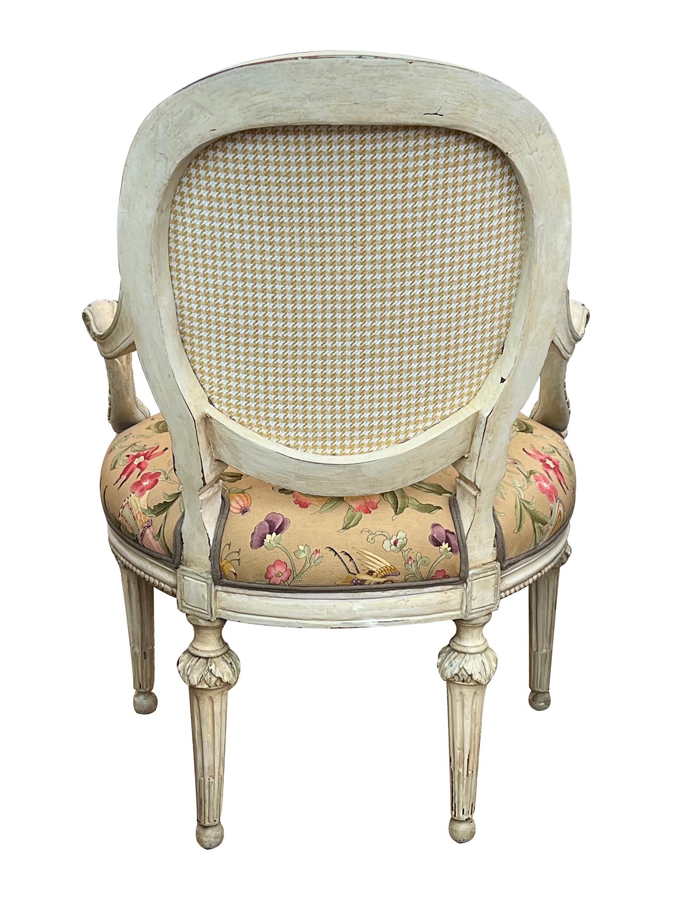 Early 19th Century Pair French Louis XVI Ivory Painted Oval Back Arm Chairs with Celadon Highlights For Sale
