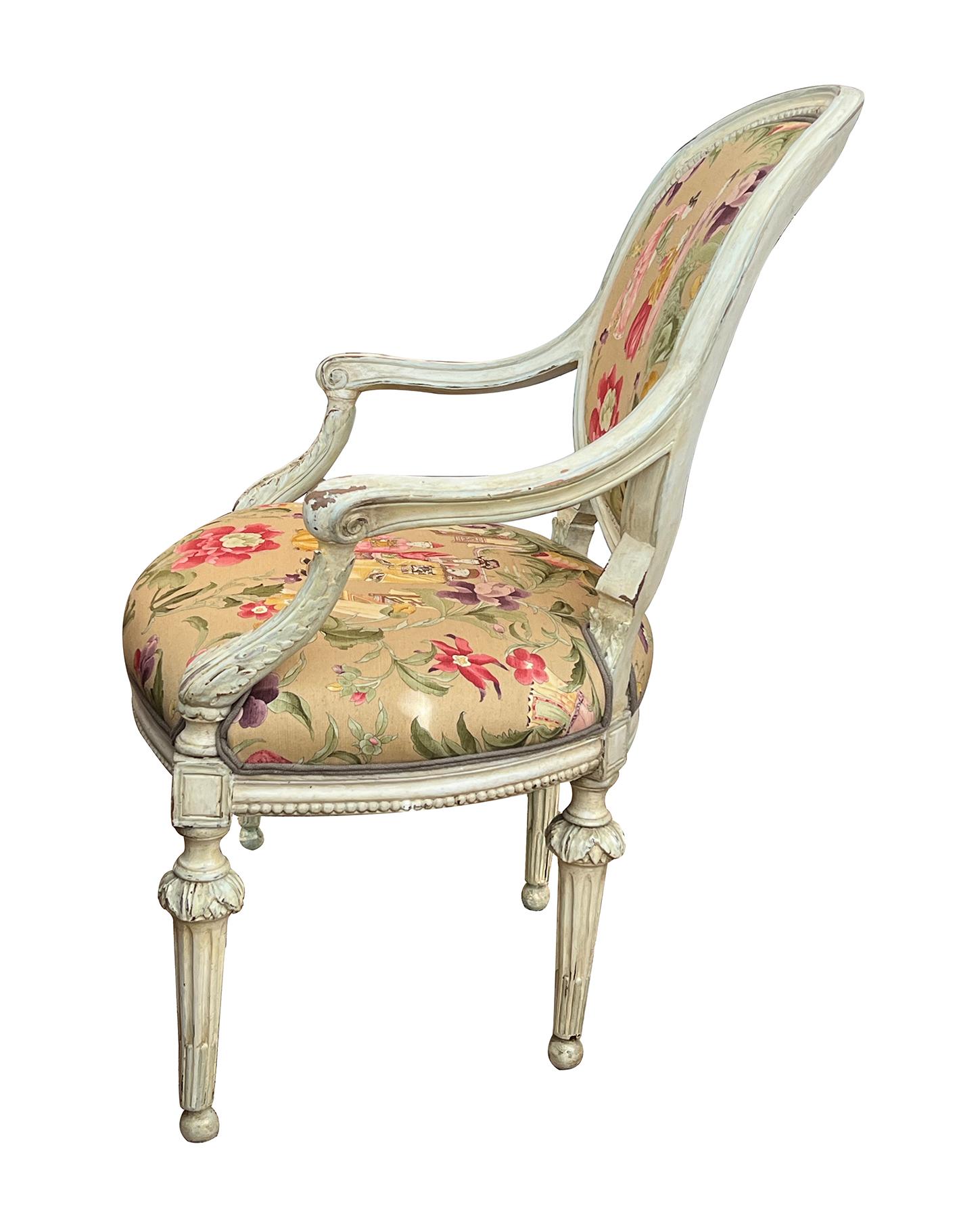 Wood Pair French Louis XVI Ivory Painted Oval Back Arm Chairs with Celadon Highlights For Sale
