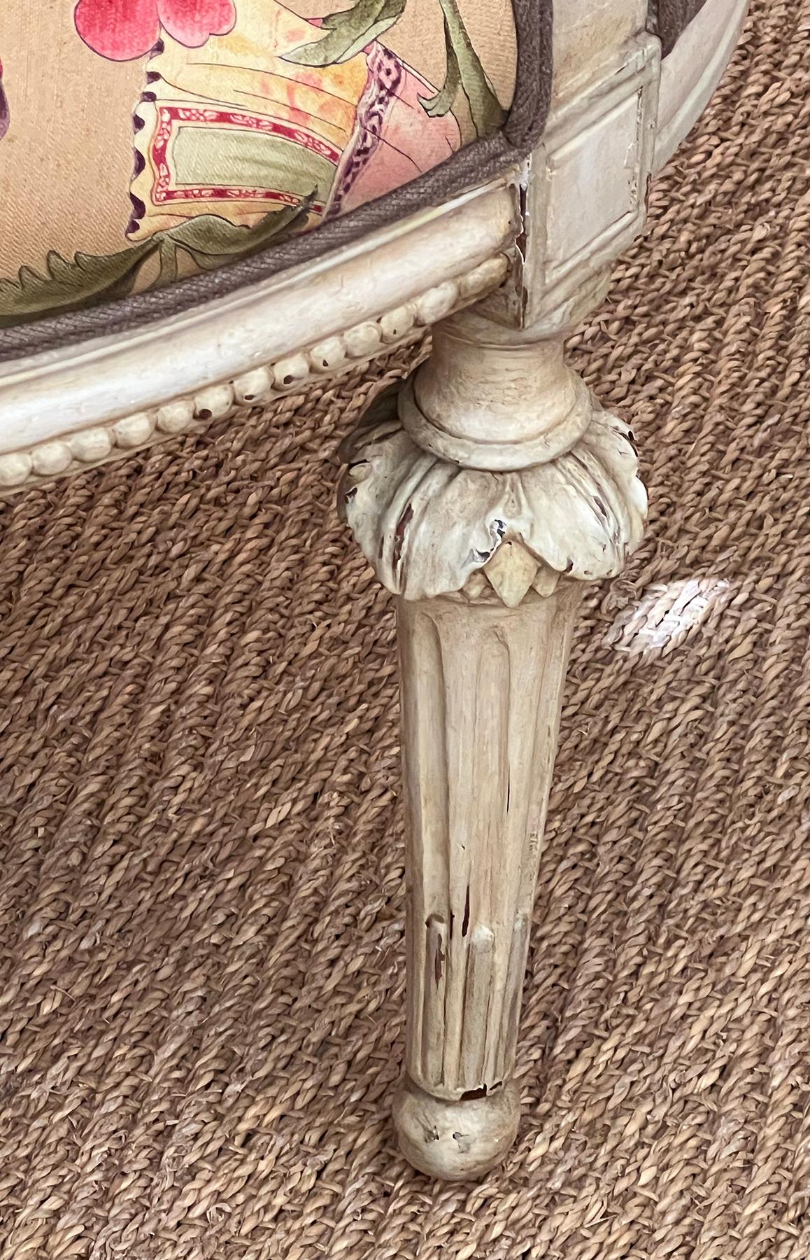 Pair French Louis XVI Ivory Painted Oval Back Arm Chairs with Celadon Highlights For Sale 1