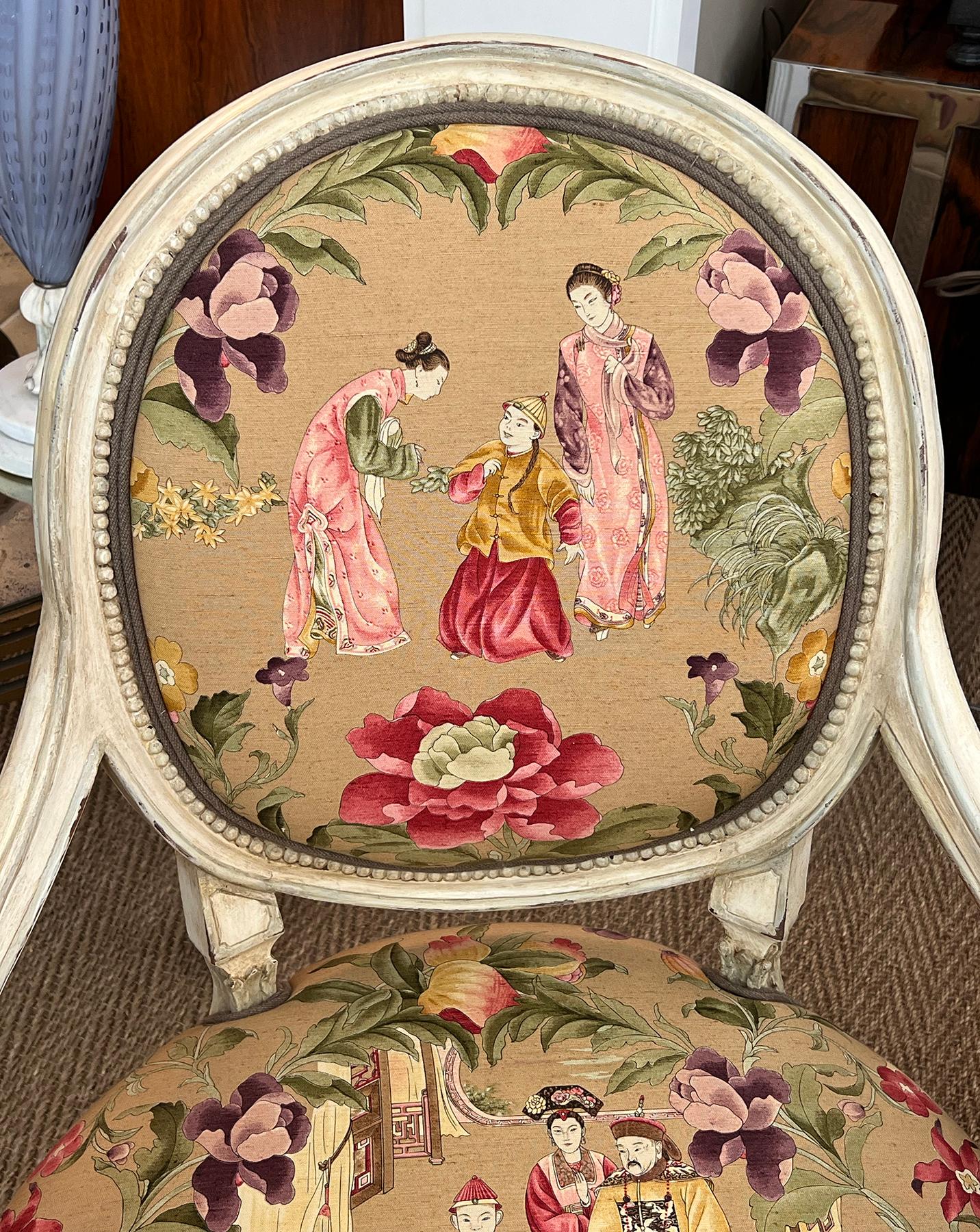 Pair French Louis XVI Ivory Painted Oval Back Arm Chairs with Celadon Highlights For Sale 2