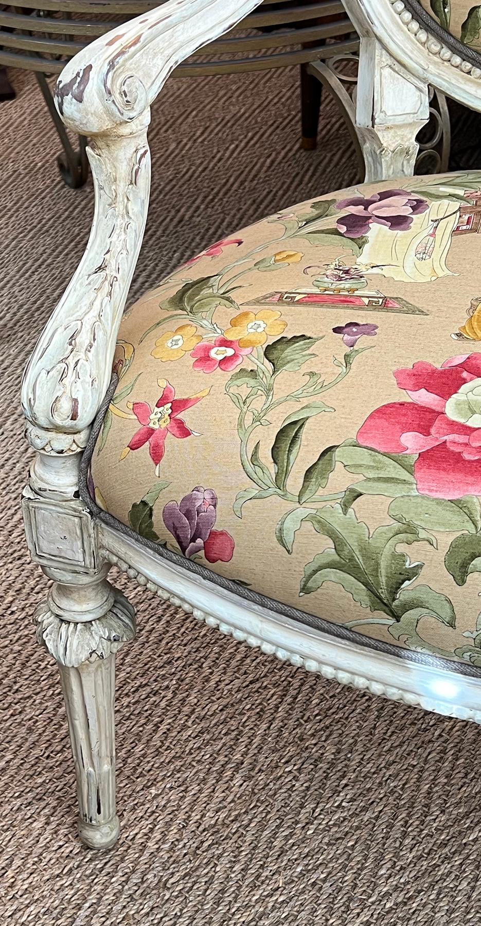 Pair French Louis XVI Ivory Painted Oval Back Arm Chairs with Celadon Highlights For Sale 3