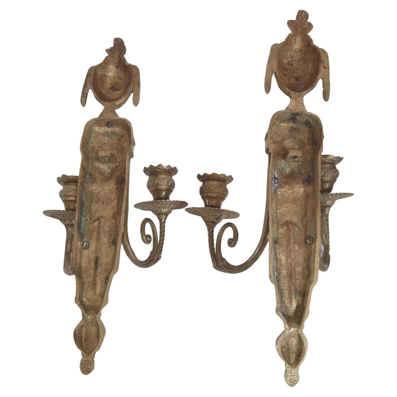 Pair 19thc French Louis XVI Neoclassical style Bronze Marked Wall Sconces. Original Unelectrified State. Highly detailed and numbere mark on back. Very nice quality.