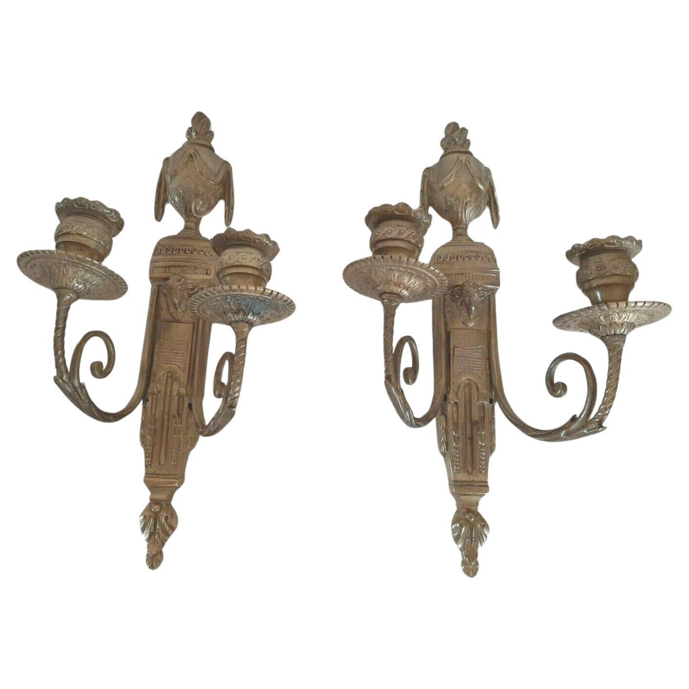 Pair French Louis XVI Neoclassical Marked Bronze Wall Sconces For Sale