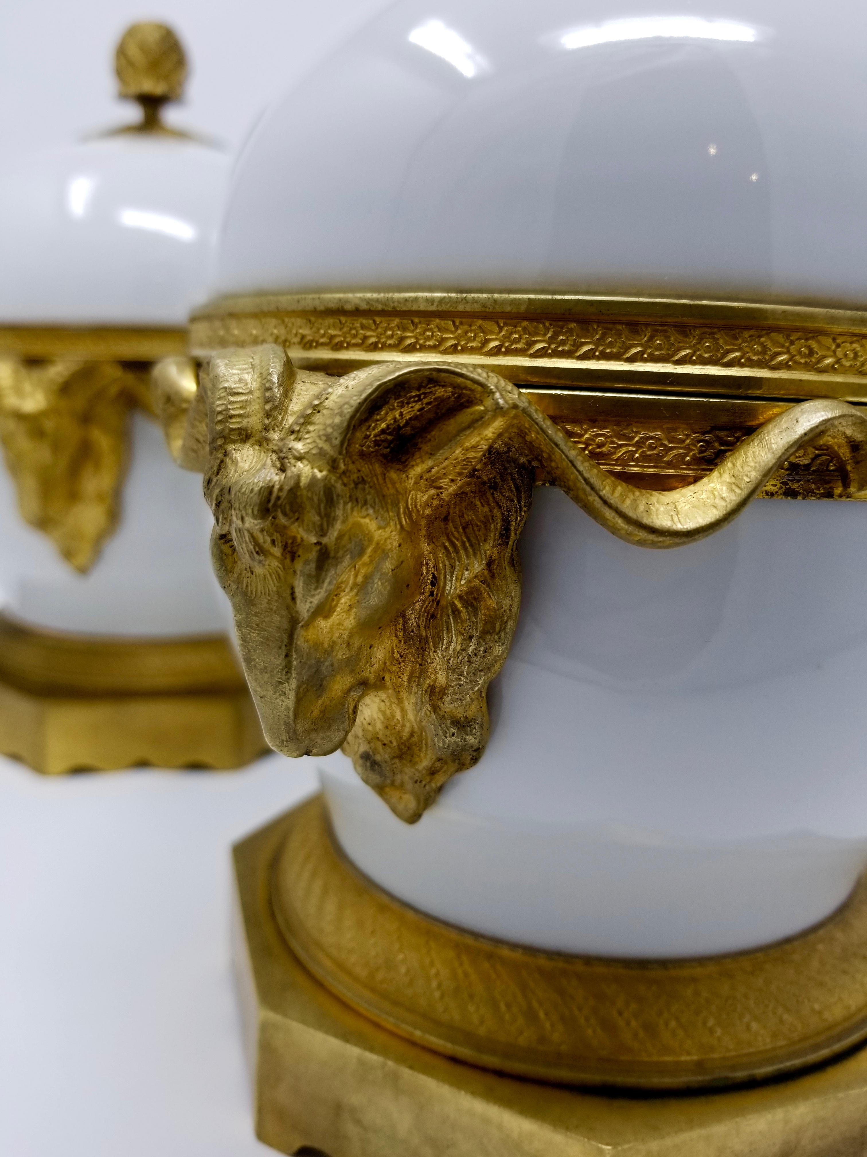 Gilt Pair of Louis XVI Ormolu Mounted White Porcelain and Dore Bronze Covered Bowls For Sale