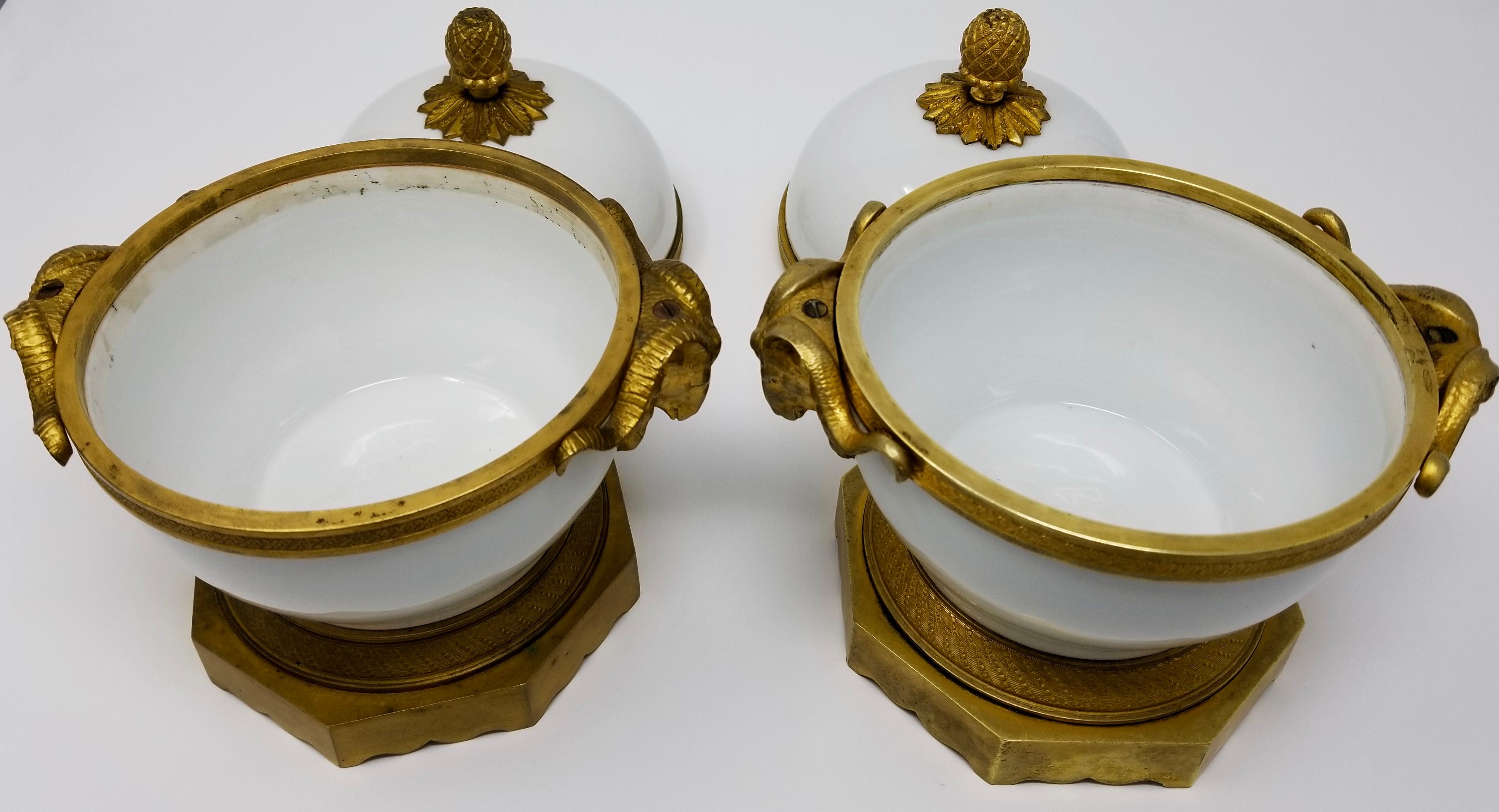 Late 19th Century Pair of Louis XVI Ormolu Mounted White Porcelain and Dore Bronze Covered Bowls For Sale