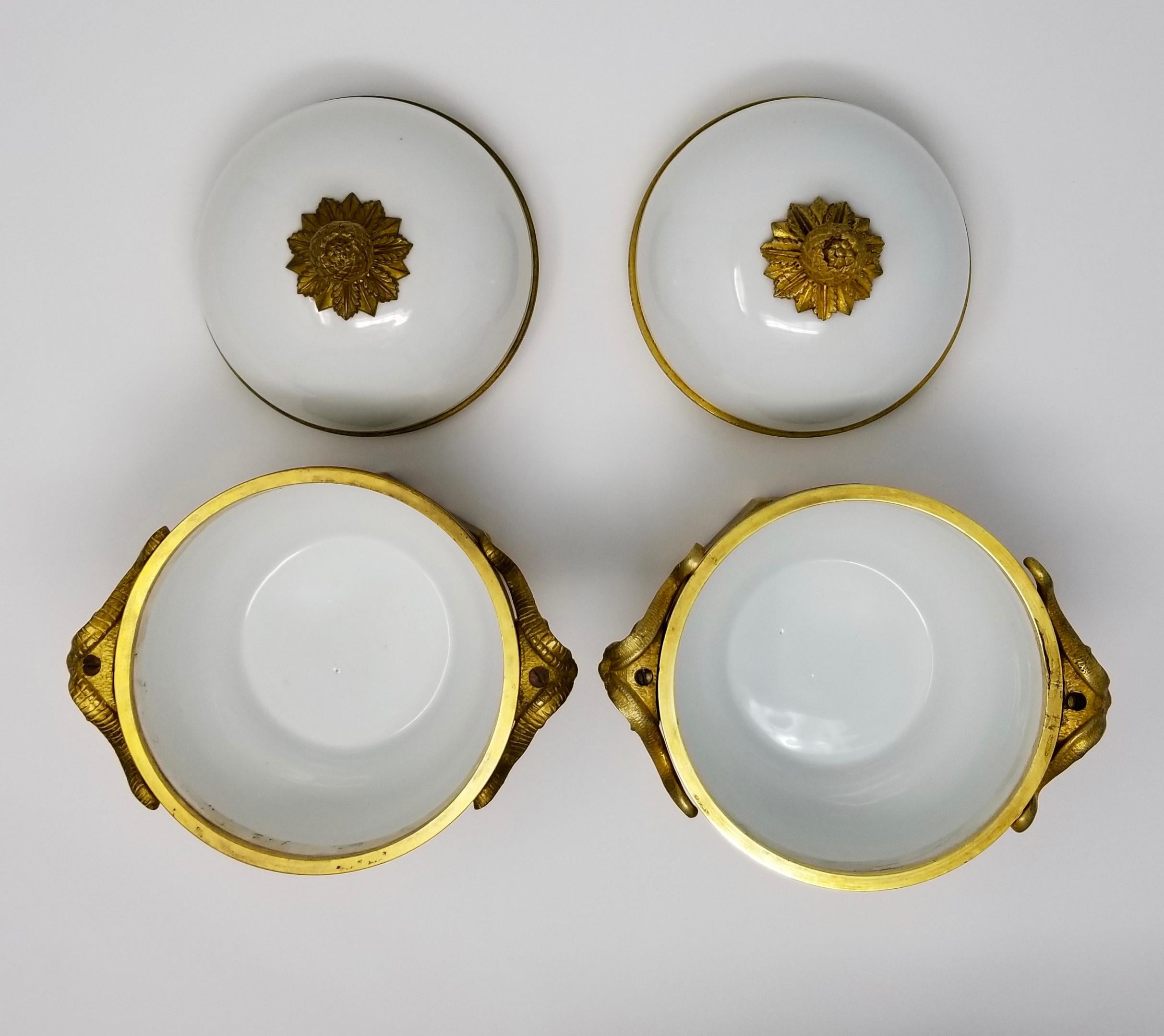 Pair of Louis XVI Ormolu Mounted White Porcelain and Dore Bronze Covered Bowls For Sale 2