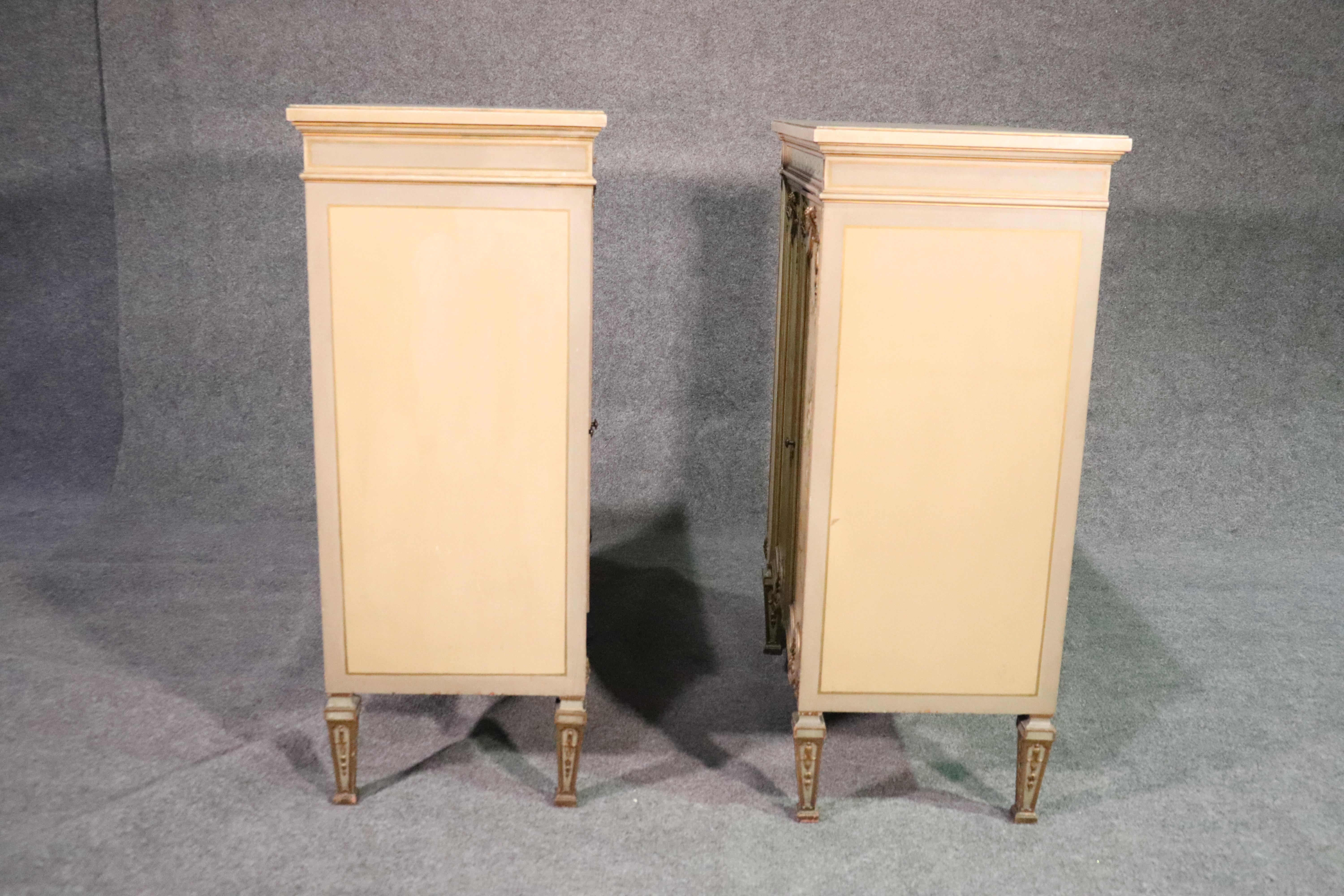 Pair of Louis XVI Paint Decorated Gilded Carved Side Cabinets Foyer Cabinets In Good Condition In Swedesboro, NJ