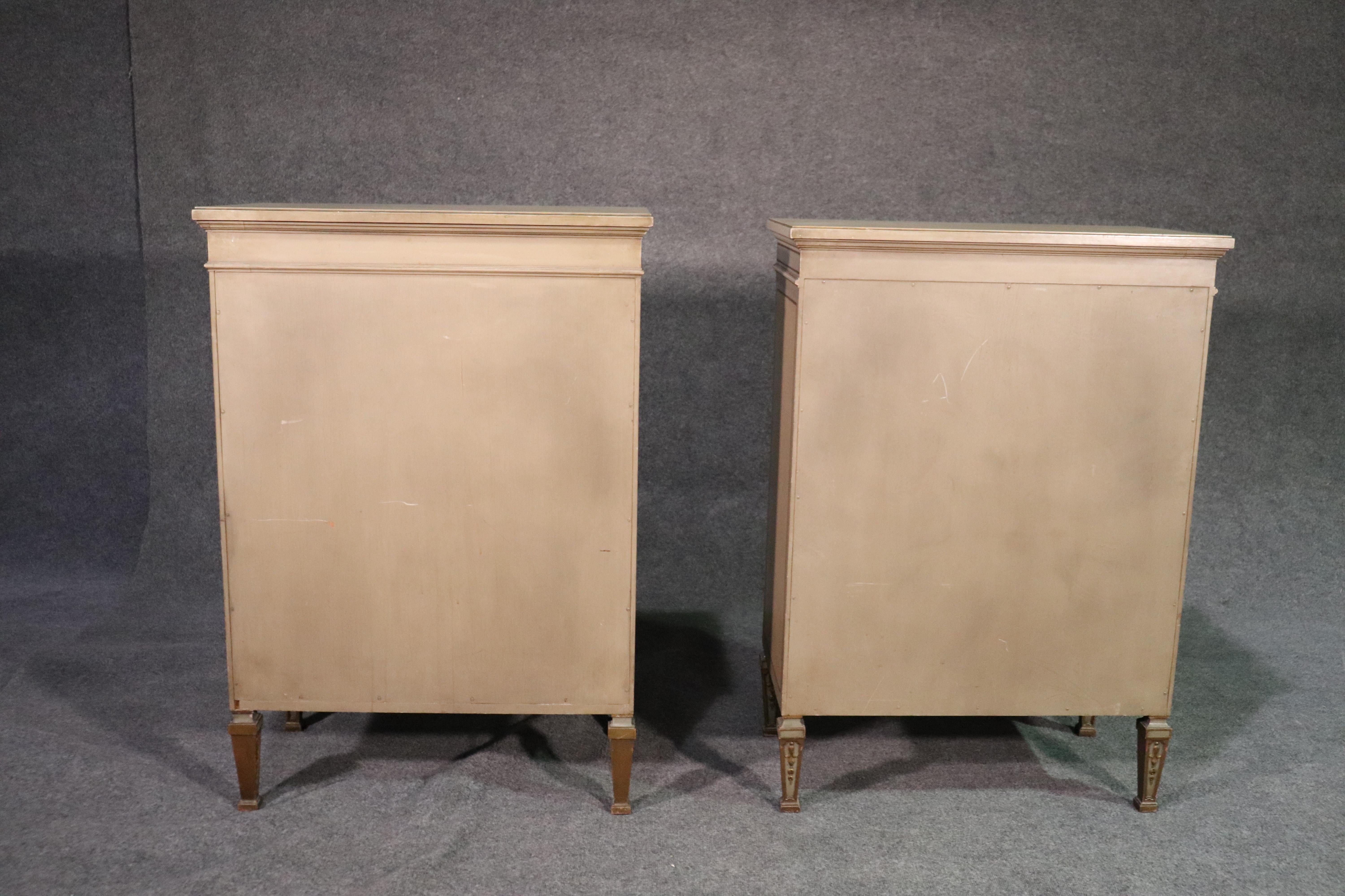Early 20th Century Pair of Louis XVI Paint Decorated Gilded Carved Side Cabinets Foyer Cabinets