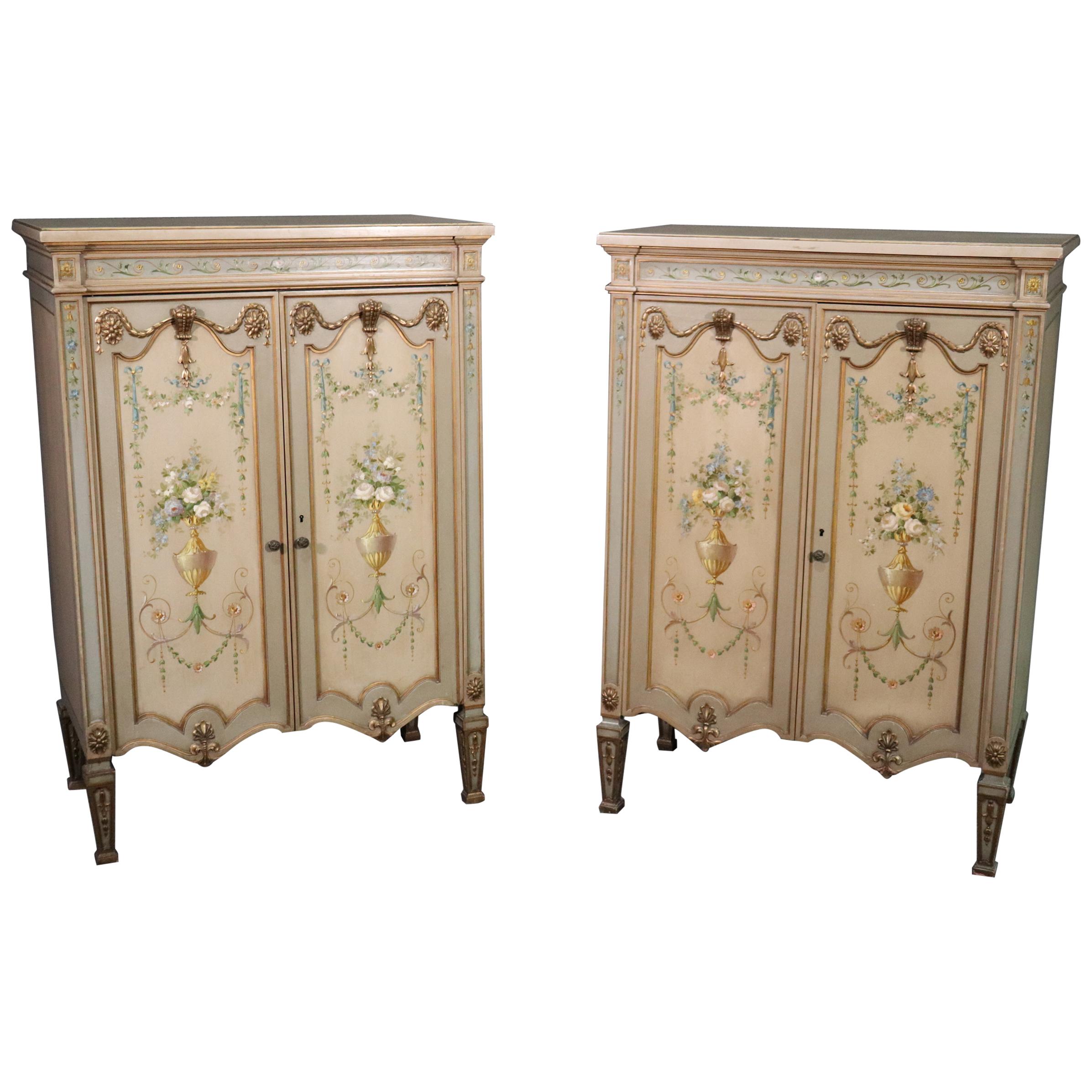 Pair of Louis XVI Paint Decorated Gilded Carved Side Cabinets Foyer Cabinets