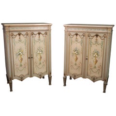 Pair of Louis XVI Paint Decorated Gilded Carved Side Cabinets Foyer Cabinets