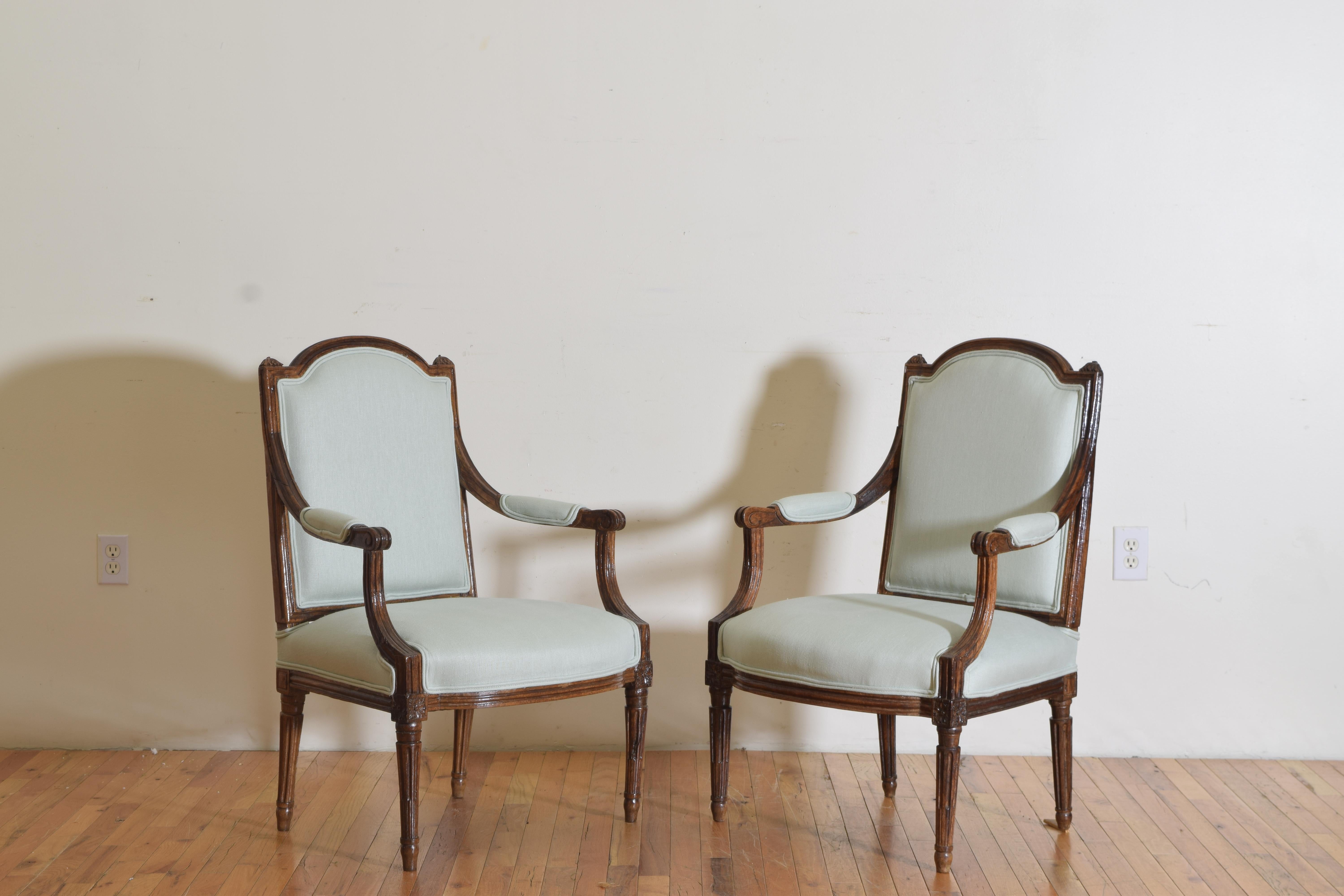 Pair French Louis XVI Period Walnut & Upholstered Fauteuils, Late 18th Century In Good Condition In Atlanta, GA