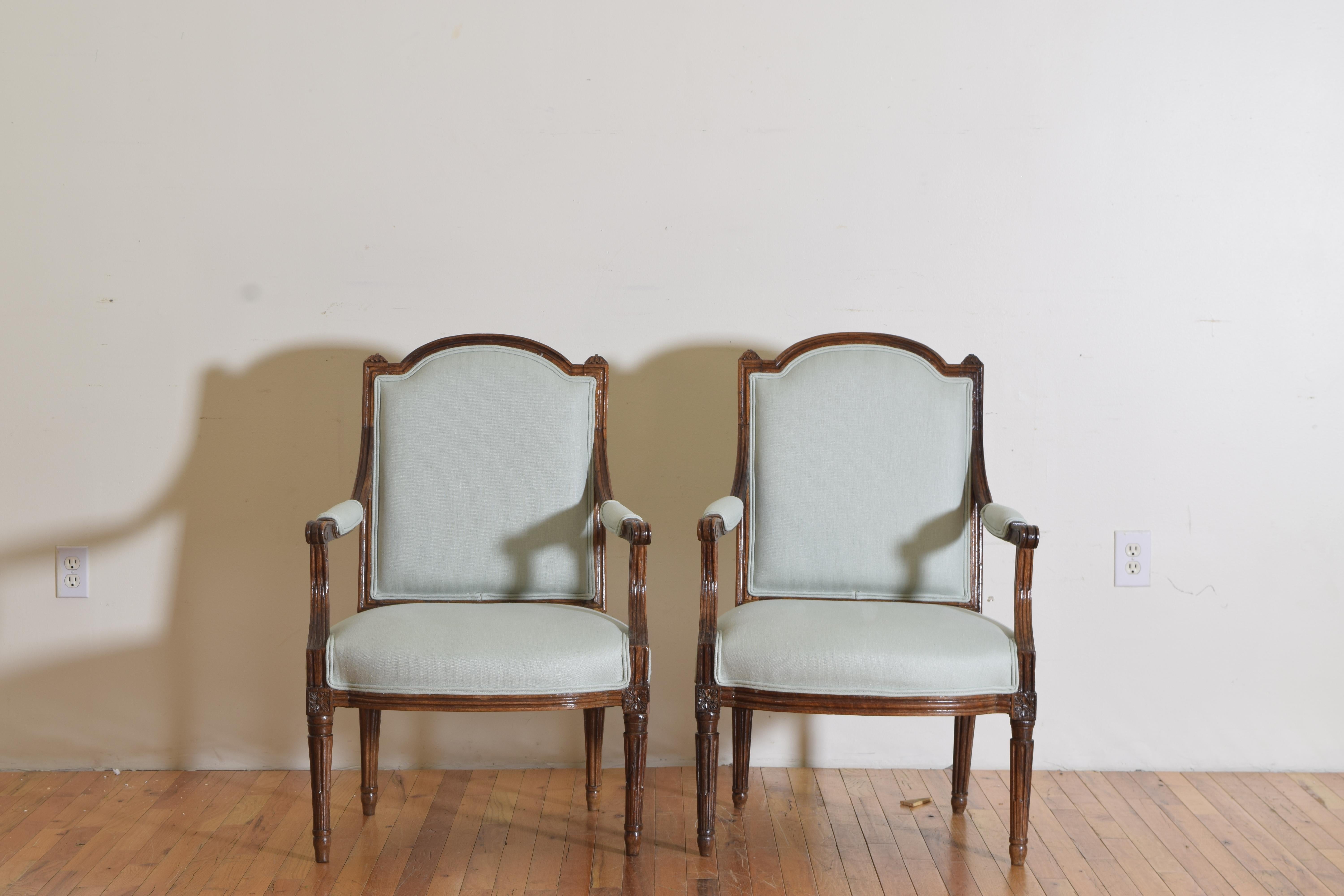 Pair French Louis XVI Period Walnut & Upholstered Fauteuils, Late 18th Century 1