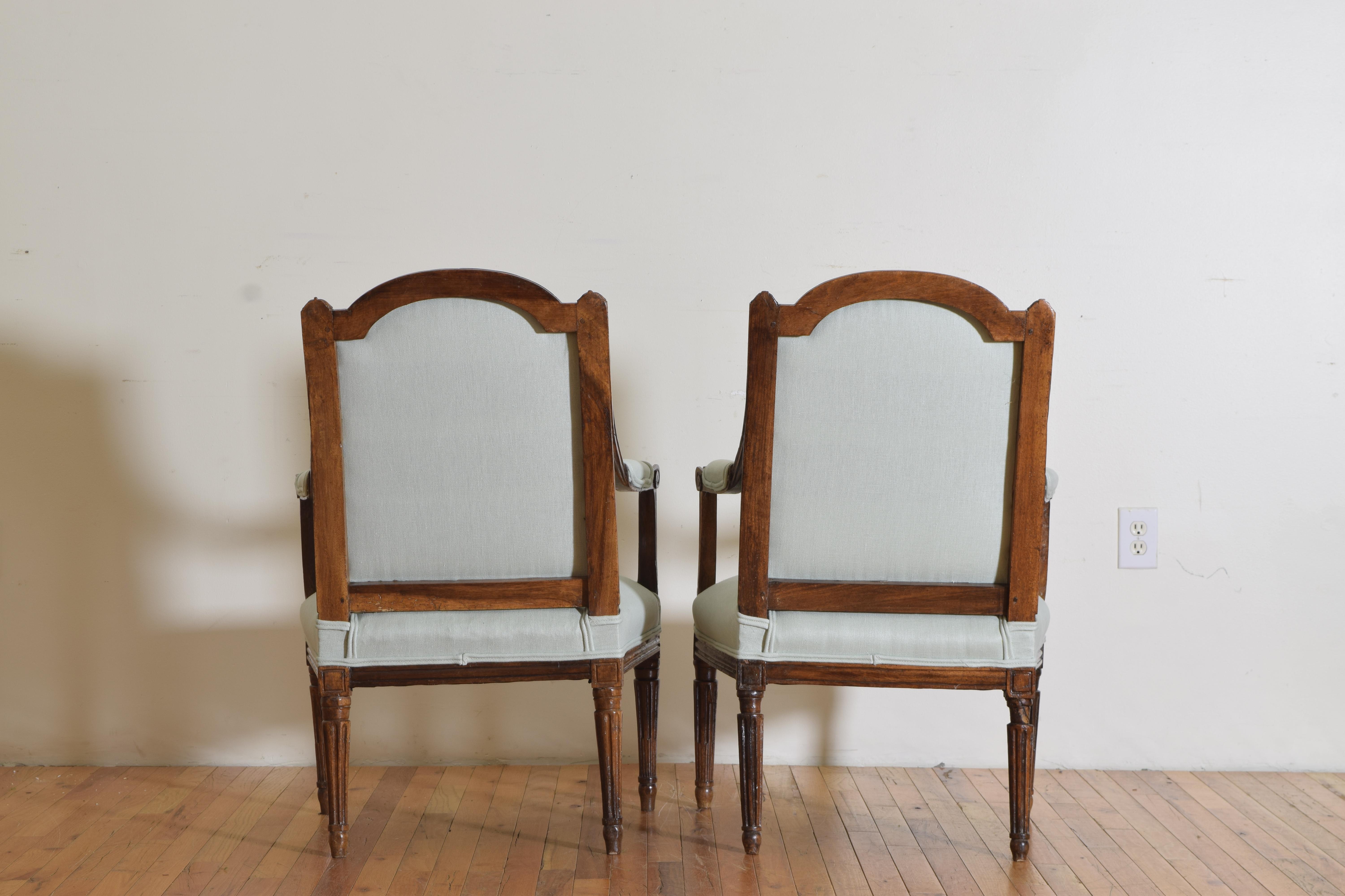Pair French Louis XVI Period Walnut & Upholstered Fauteuils, Late 18th Century 3