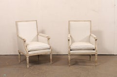 Pair French Louis XVI Style Bergère Chairs w/New Belgian Linen Upholstery