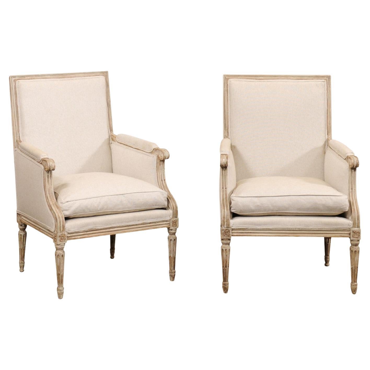 Pair French Louis XVI Style Bergère Chairs w/New Belgian Linen Upholstery