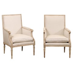 Pair French Louis XVI Style Bergère Chairs w/New Belgian Linen Upholstery
