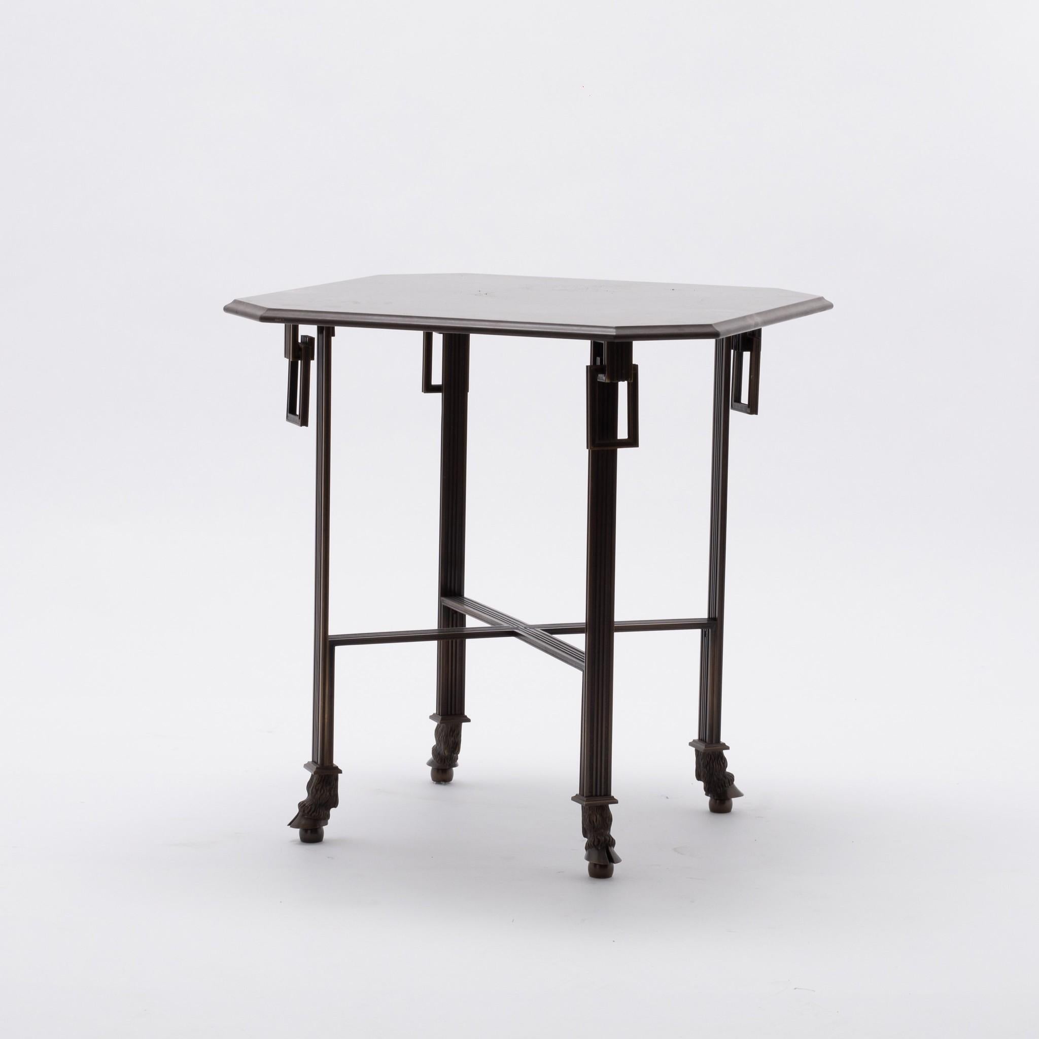 Pair Paul Ferrante Edward bronze end tables with Louis XVI style fluted legs, rectangular pulls, hoof sabobts and honed gray brown marble tops.