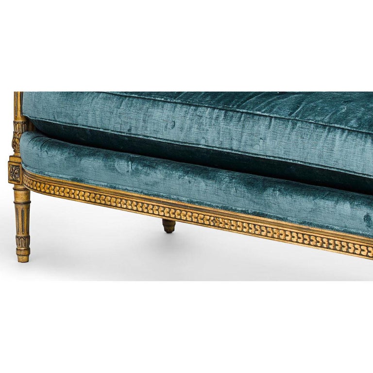 Pair of Louis XVI Style Carved and Laqué Gilded Bergère Settees or Loveseats For Sale 4