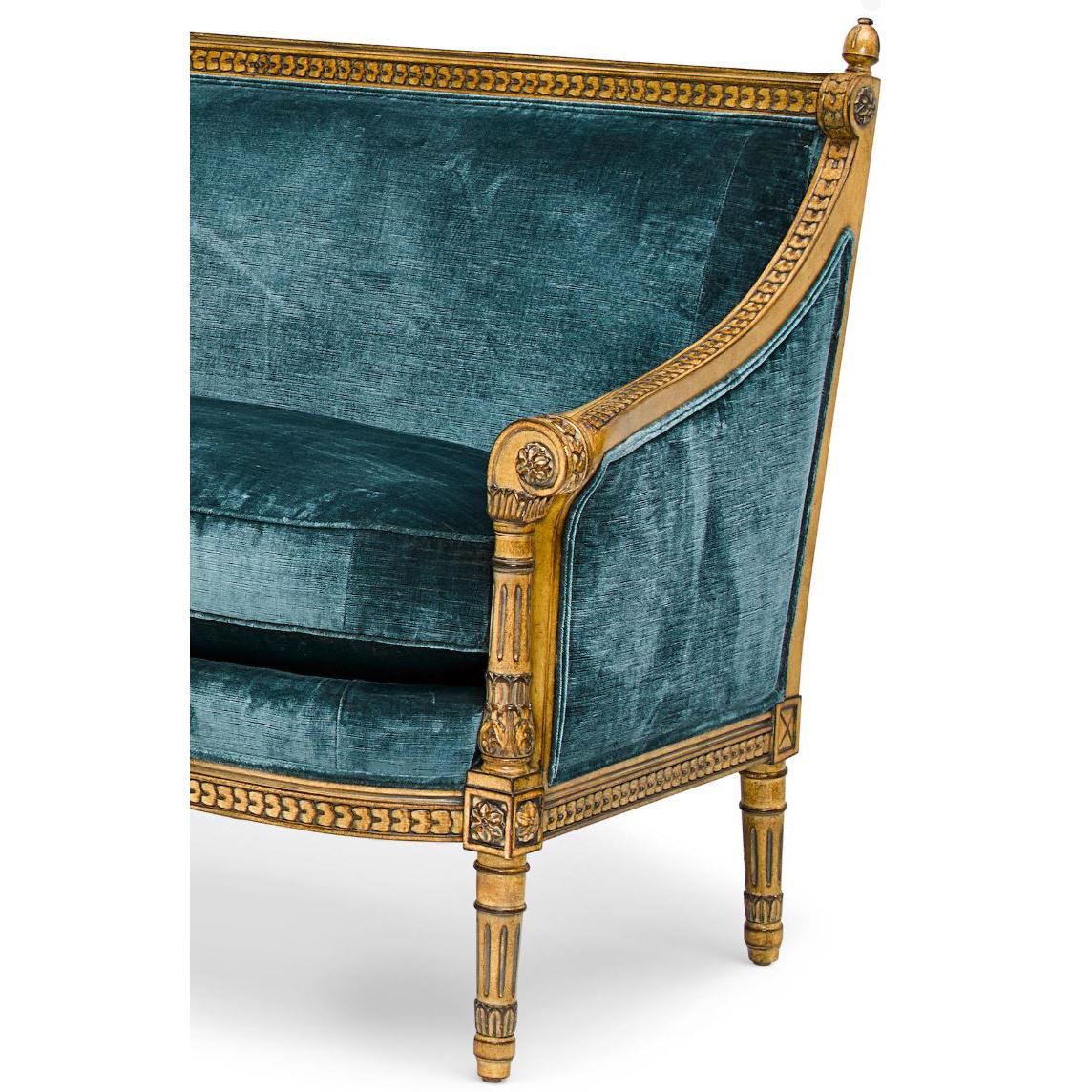 Contemporary Pair of Louis XVI Style Carved and Laqué Gilded Bergère Settees or Loveseats For Sale