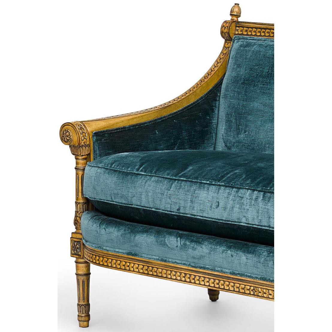Wood Pair of Louis XVI Style Carved and Laqué Gilded Bergère Settees or Loveseats For Sale
